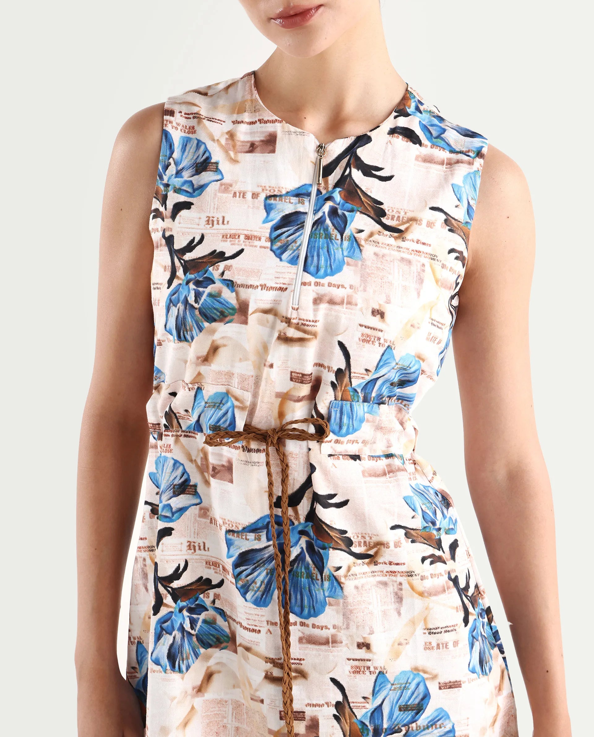 Rareism Women's Dreco Beige Cotton Blend Crew Neck Abstract Print Sleeveless Midi A-Line Dress