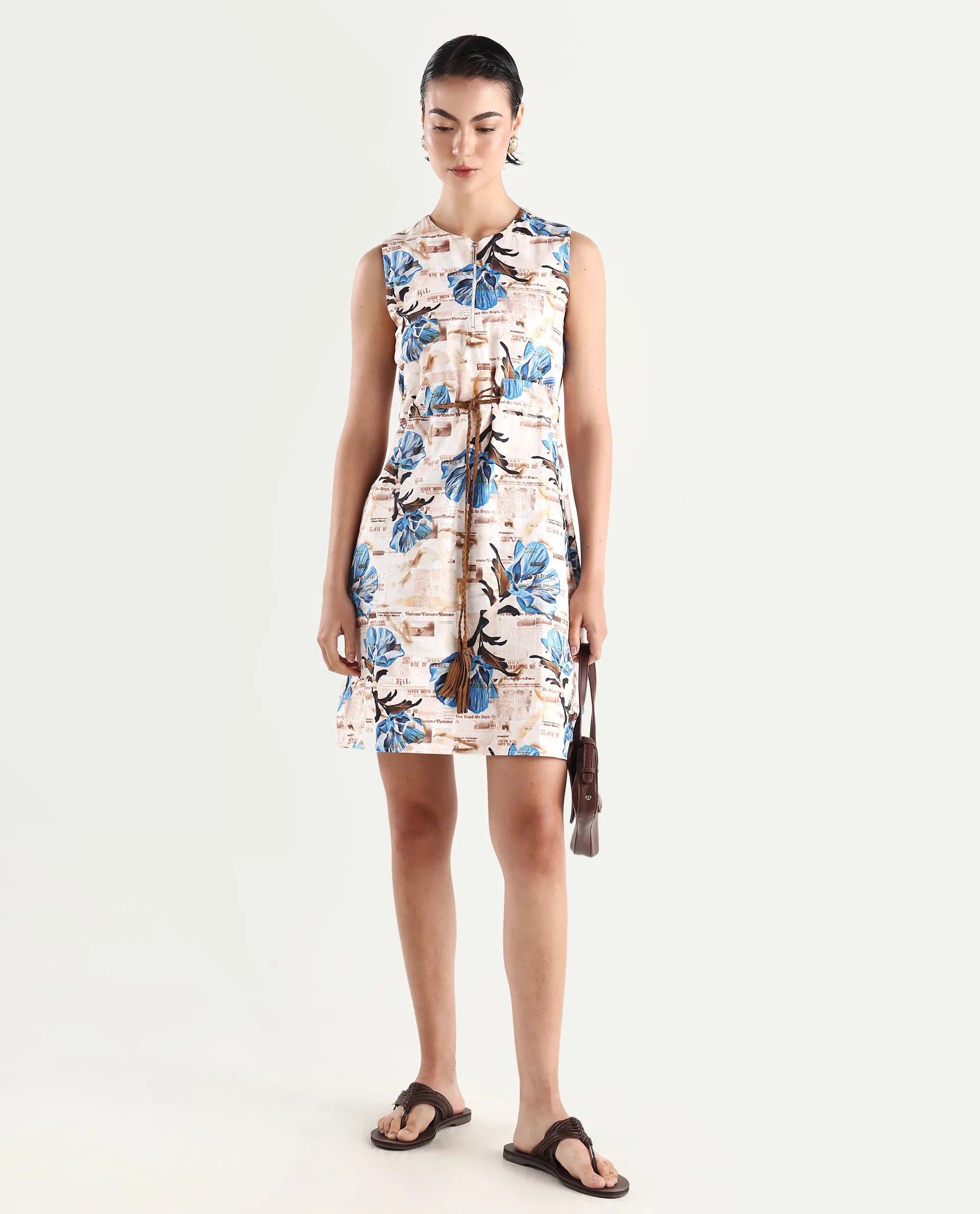 Rareism Women's Dreco Beige Cotton Blend Crew Neck Abstract Print Sleeveless Midi A-Line Dress