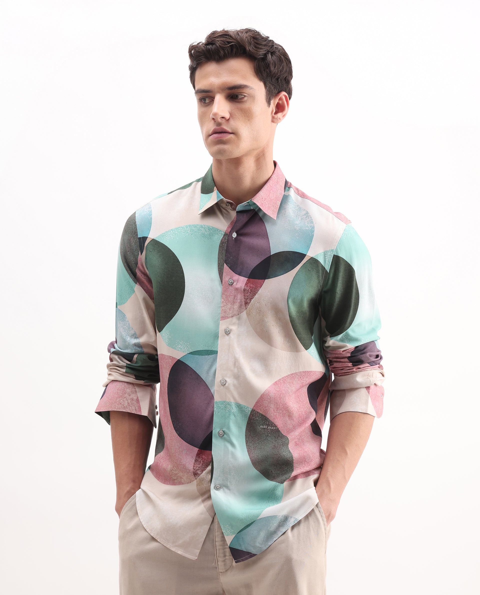 Rare Rabbit Men's Drent Multi Viscose Polka Print Regular Fit Full Sleeve Collared Shirt