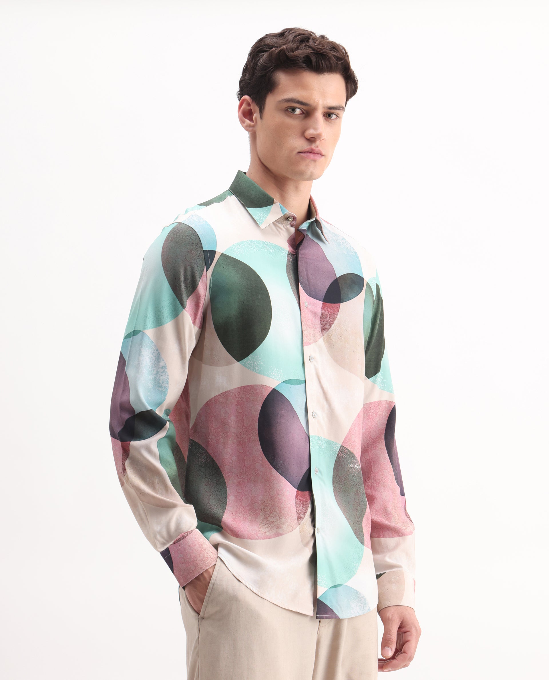 Rare Rabbit Men's Drent-25 Multi Viscose Polka Print Regular Fit Full Sleeve Collared Shirt