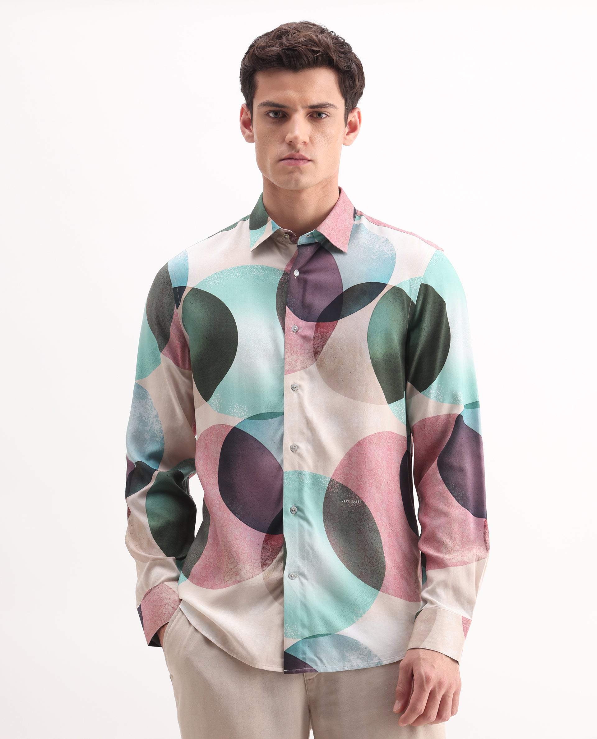 Rare Rabbit Men's Drent Multi Viscose Polka Print Regular Fit Full Sleeve Collared Shirt