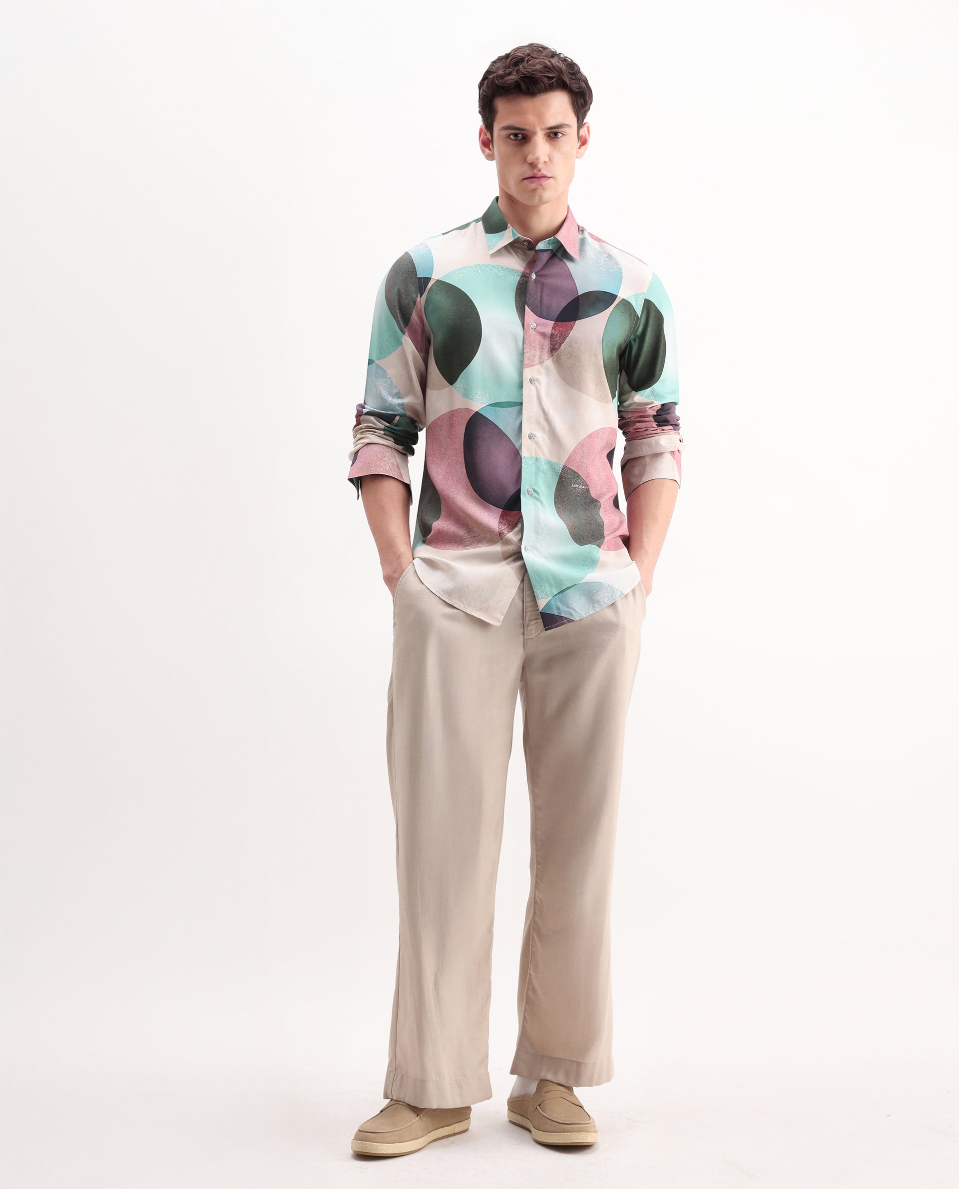 Rare Rabbit Men's Drent-25 Multi Viscose Polka Print Regular Fit Full Sleeve Collared Shirt