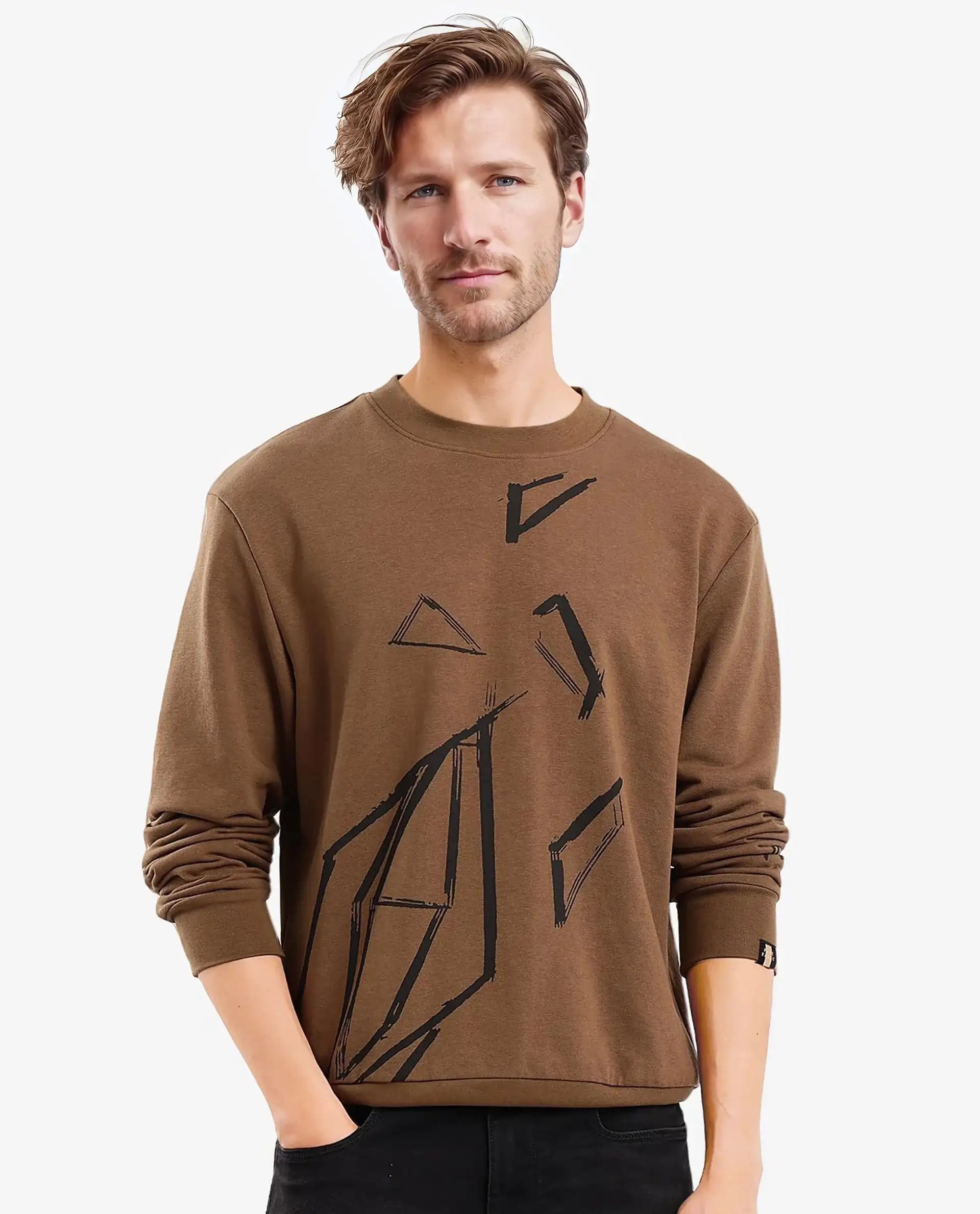 Rare Rabbit Men Drewo Dusky Olive Full Sleeve Crew Neck Graphic Print Sweatshirt