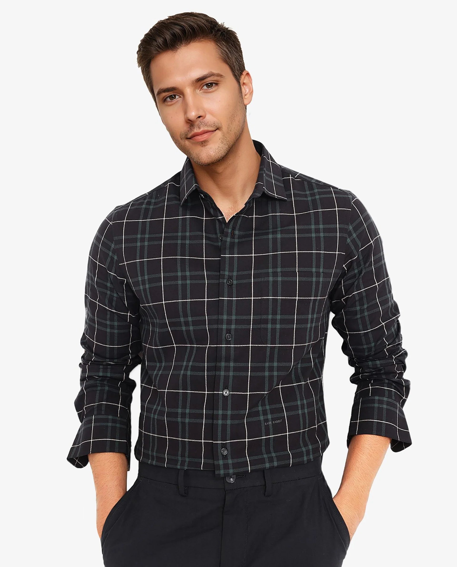 Rare Rabbit Men Droline Black Full Sleeve Regular Collar Button Closure Regular Fit Checks Shirt