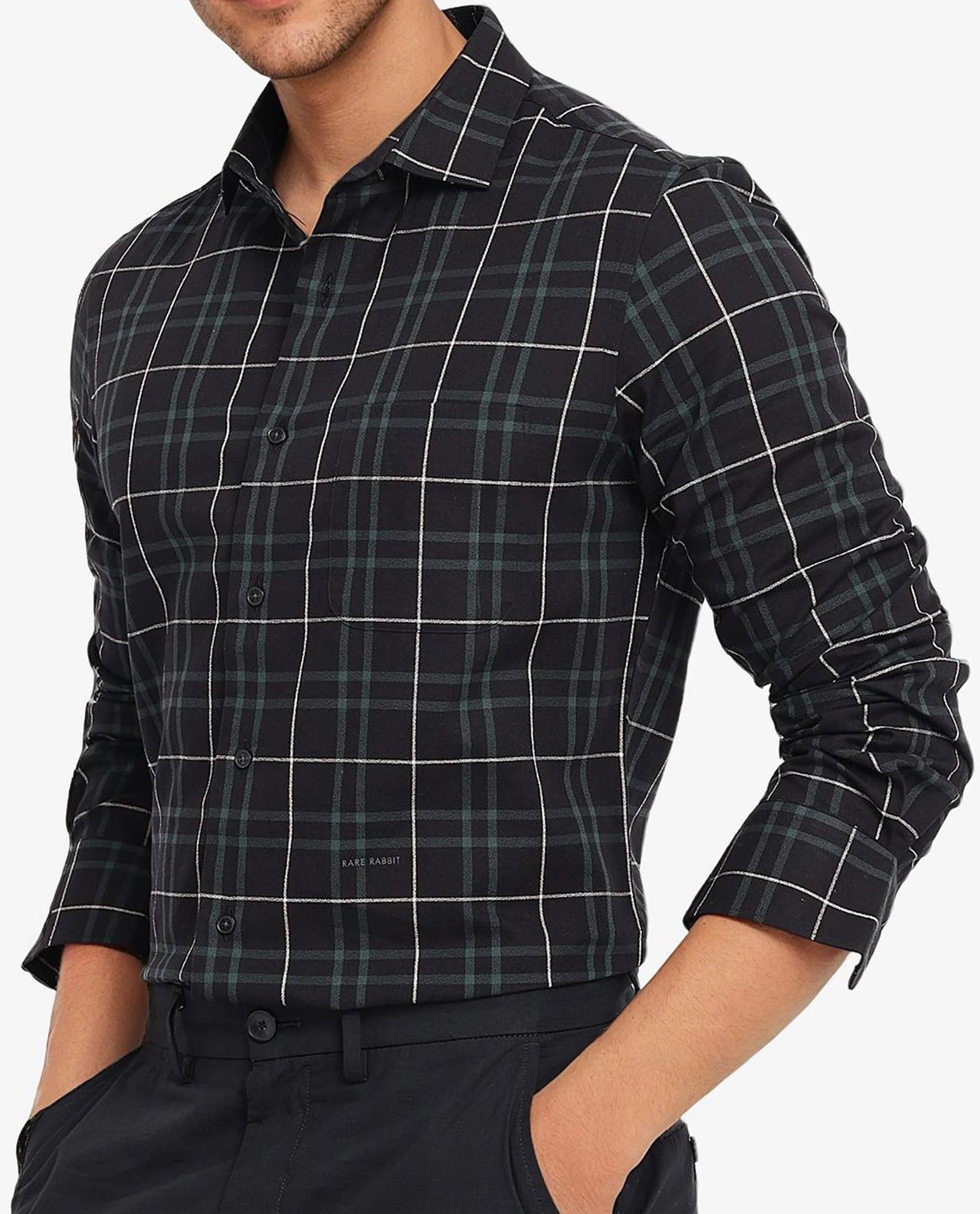 Rare Rabbit Men Droline Black Full Sleeve Regular Collar Button Closure Regular Fit Checks Shirt