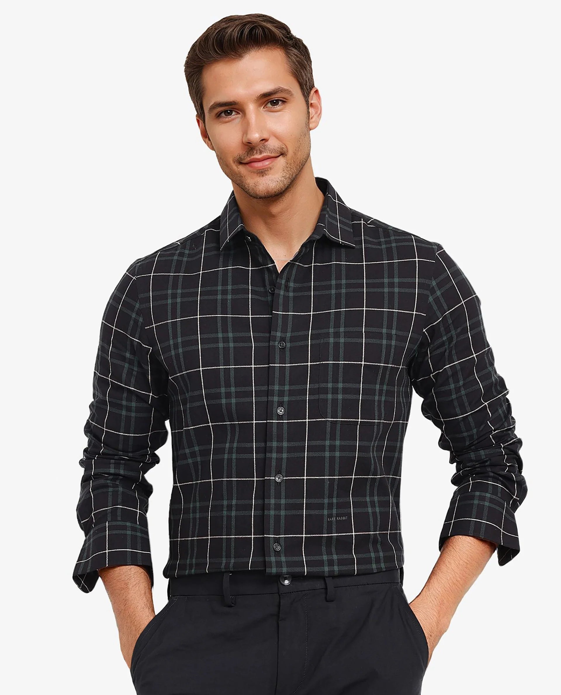 Rare Rabbit Men Droline Black Full Sleeve Regular Collar Button Closure Regular Fit Checks Shirt