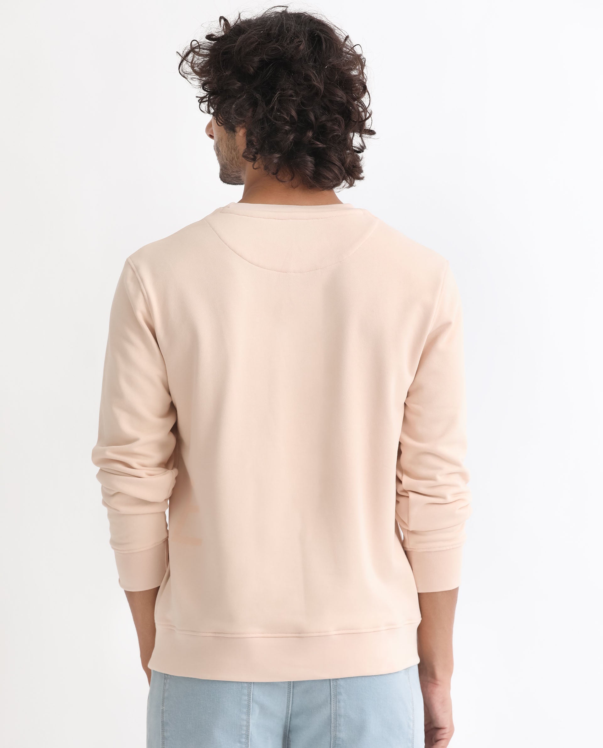 Rare Rabbit Men's Drovie Beige Cotton Polyester Fabric Full Sleeves Graphic Printed Logo Knitted Sweatshirt