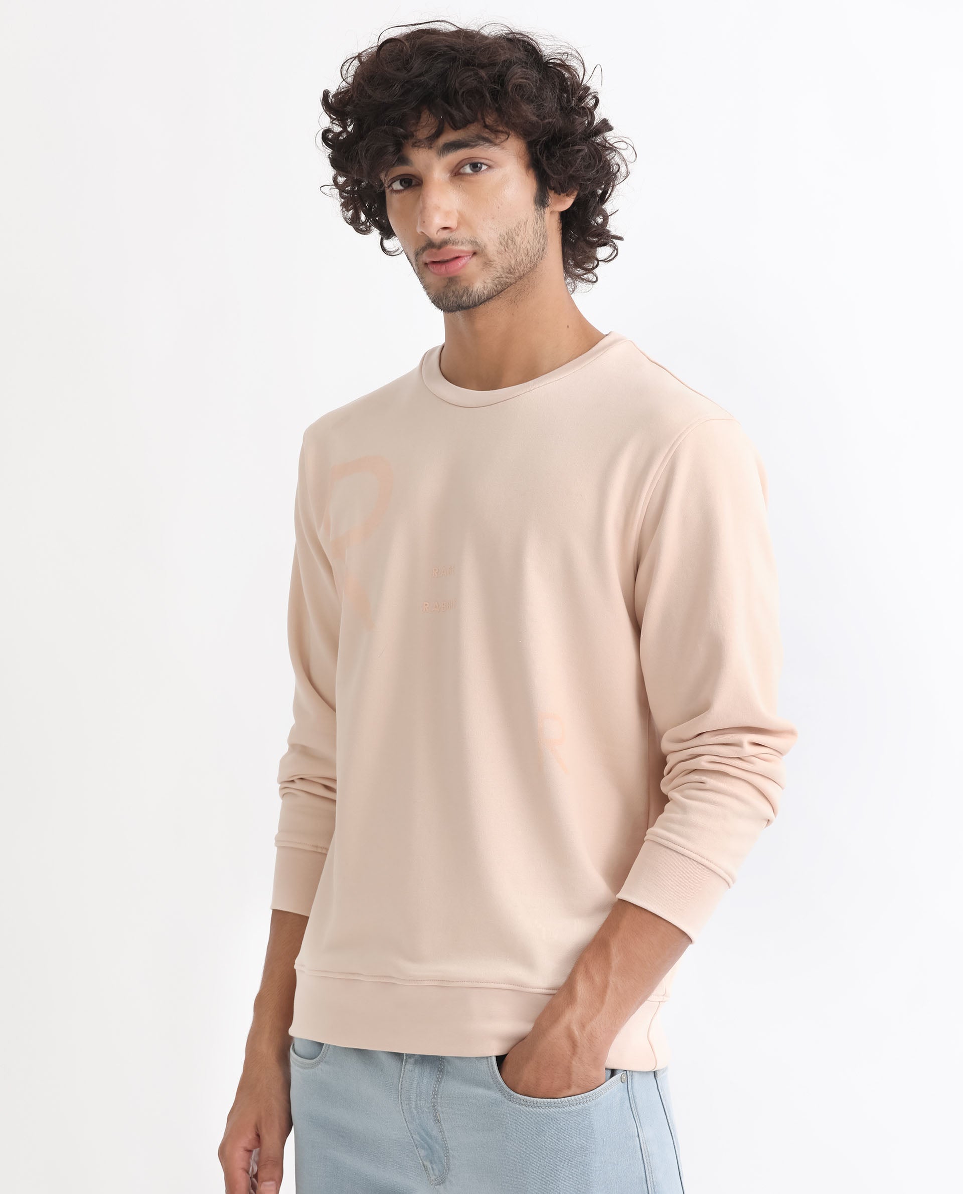 Rare Rabbit Men's Drovie Beige Cotton Polyester Fabric Full Sleeves Graphic Printed Logo Knitted Sweatshirt