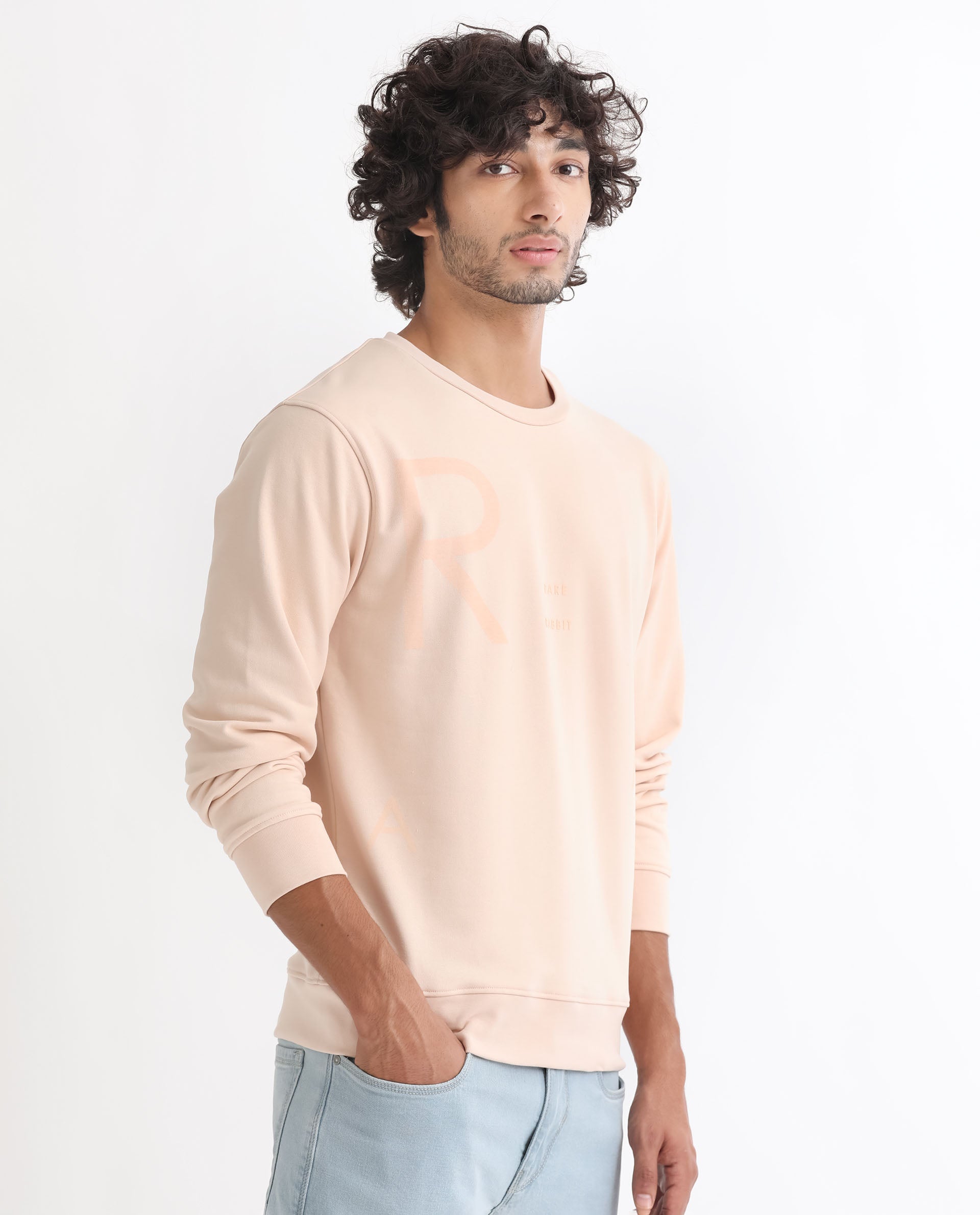 Rare Rabbit Men's Drovie Beige Cotton Polyester Fabric Full Sleeves Graphic Printed Logo Knitted Sweatshirt