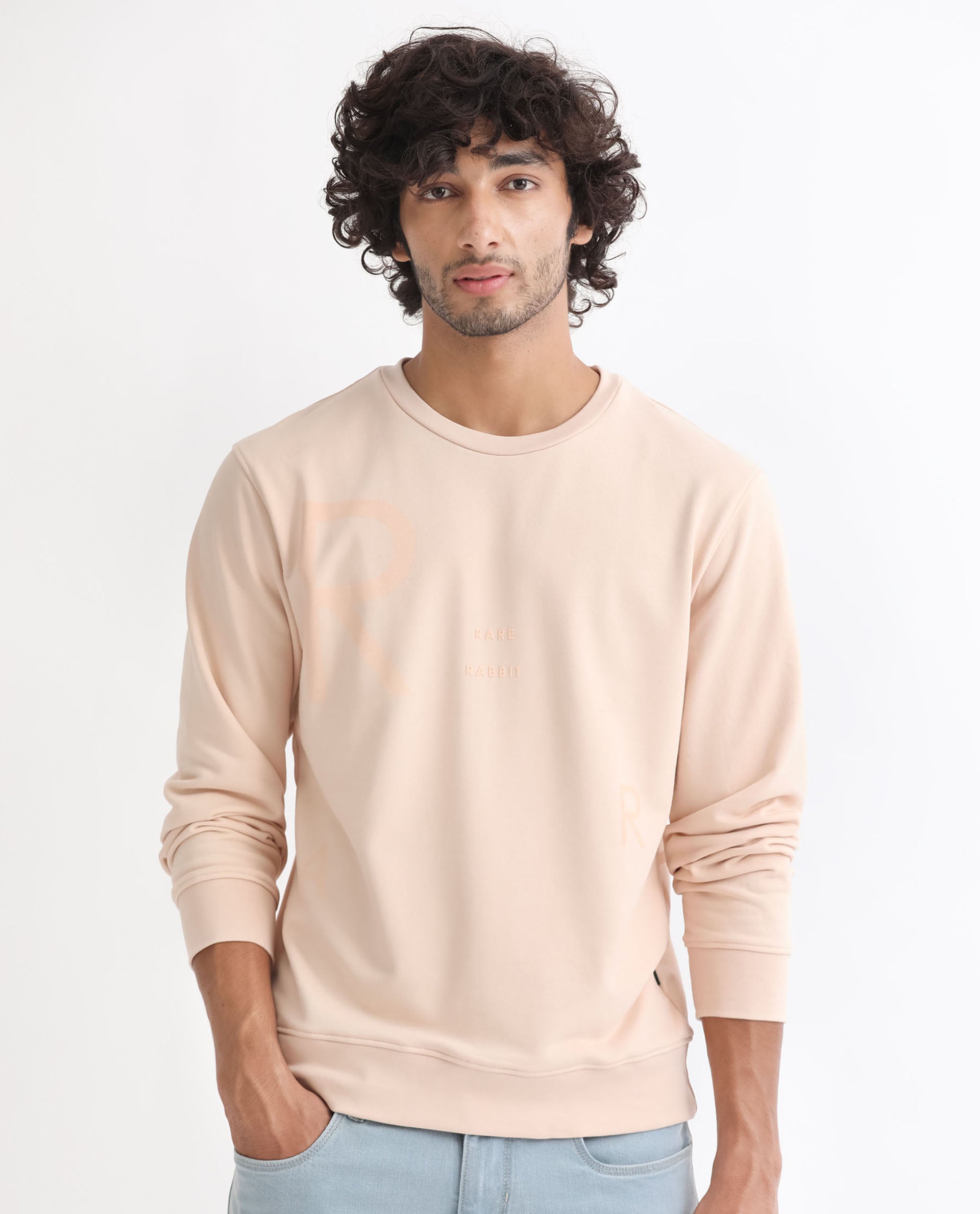 Rare Rabbit Men's Drovie Beige Cotton Polyester Fabric Full Sleeves Graphic Printed Logo Knitted Sweatshirt