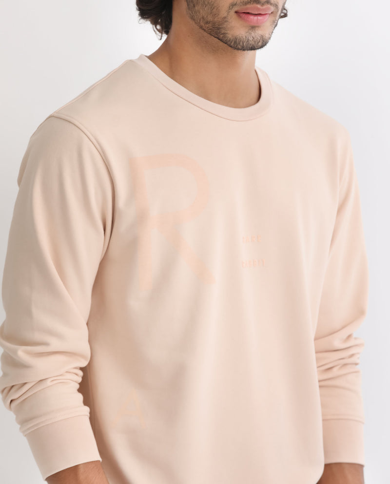 Rare Rabbit Men's Drovie Beige Cotton Polyester Fabric Full Sleeves Graphic Printed Logo Knitted Sweatshirt