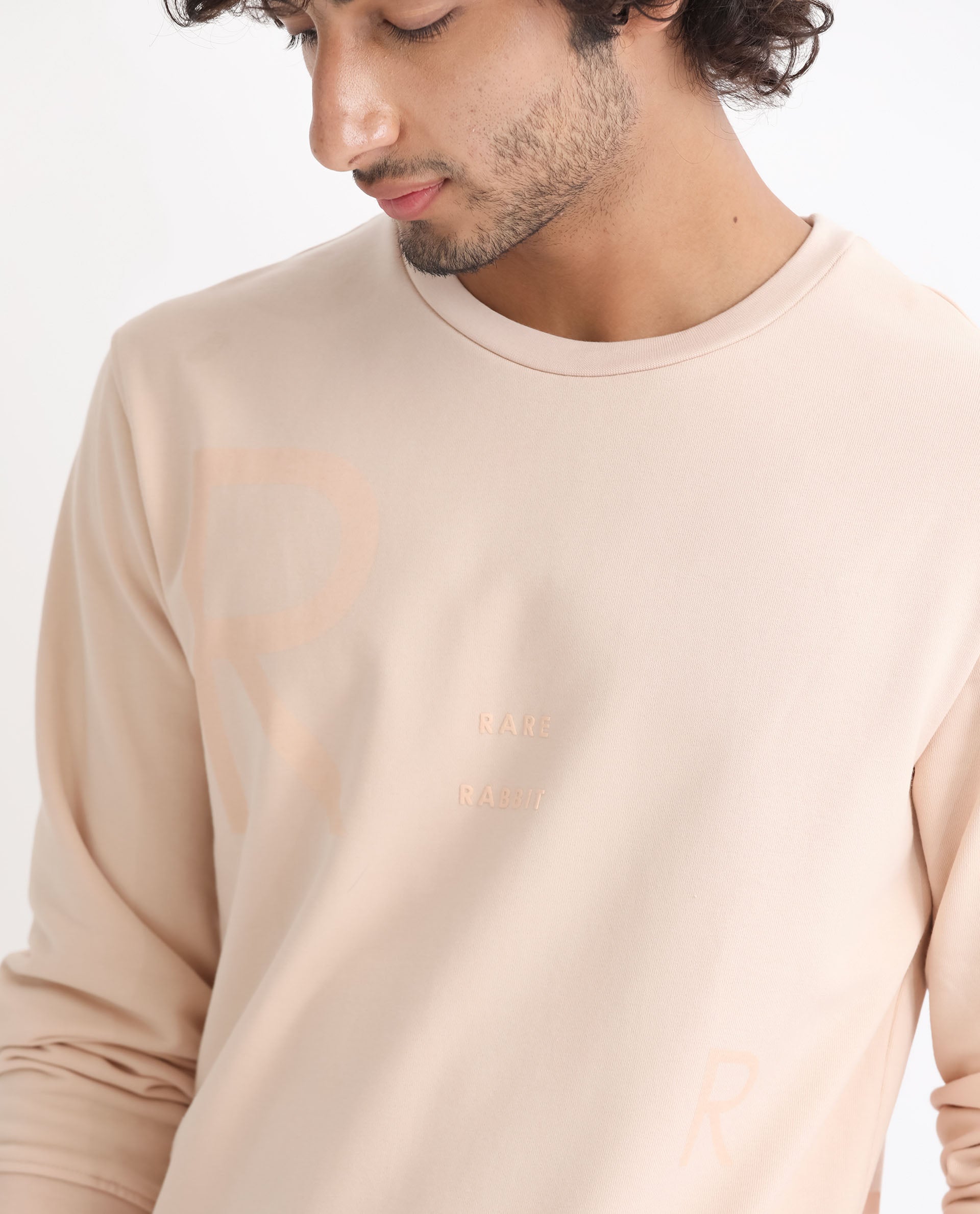 Rare Rabbit Men's Drovie Beige Cotton Polyester Fabric Full Sleeves Graphic Printed Logo Knitted Sweatshirt