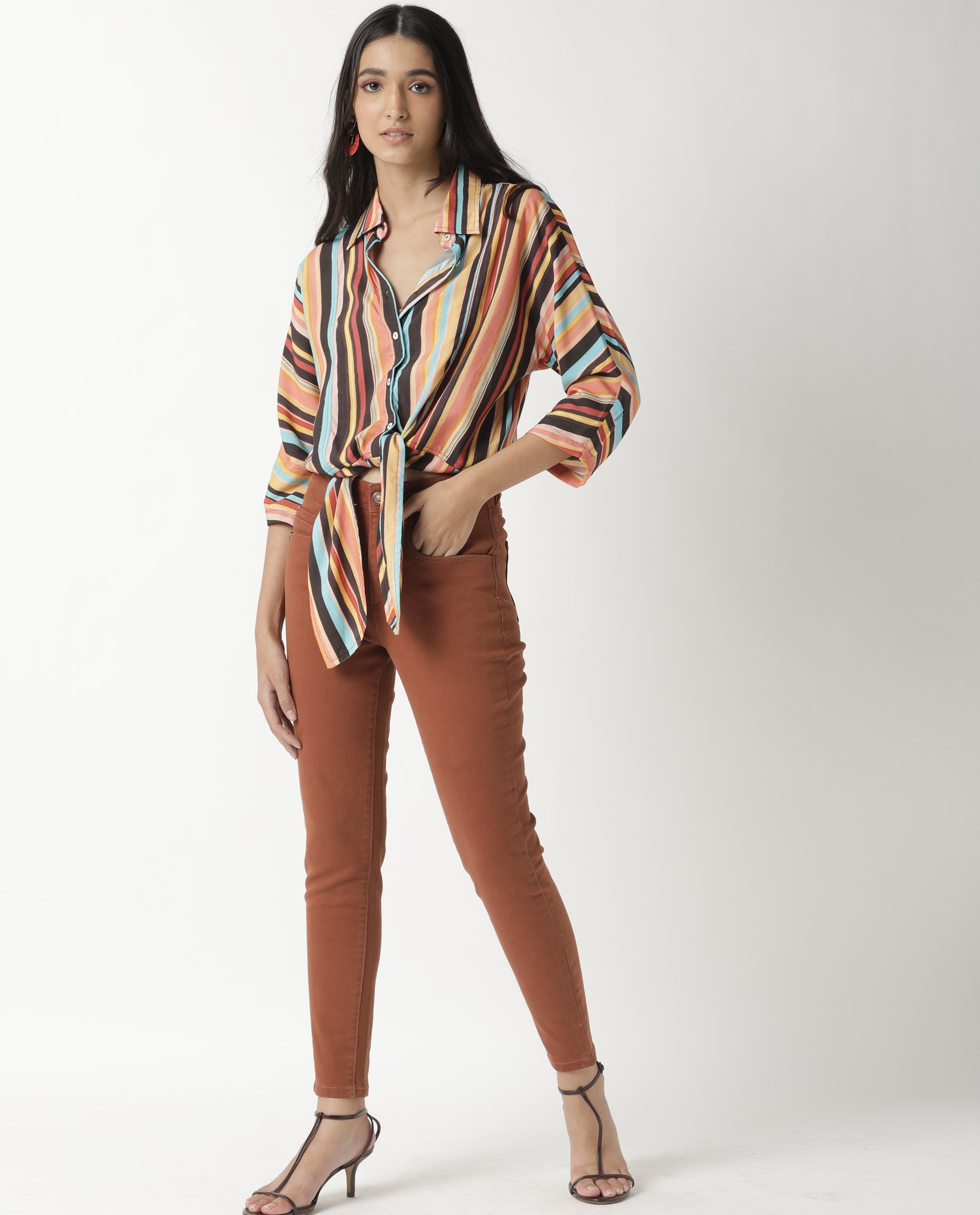 Rareism Womens Drumroll Multi Top Viscose Fabric Regular Fit 3/4 Sleeve Collared Neck