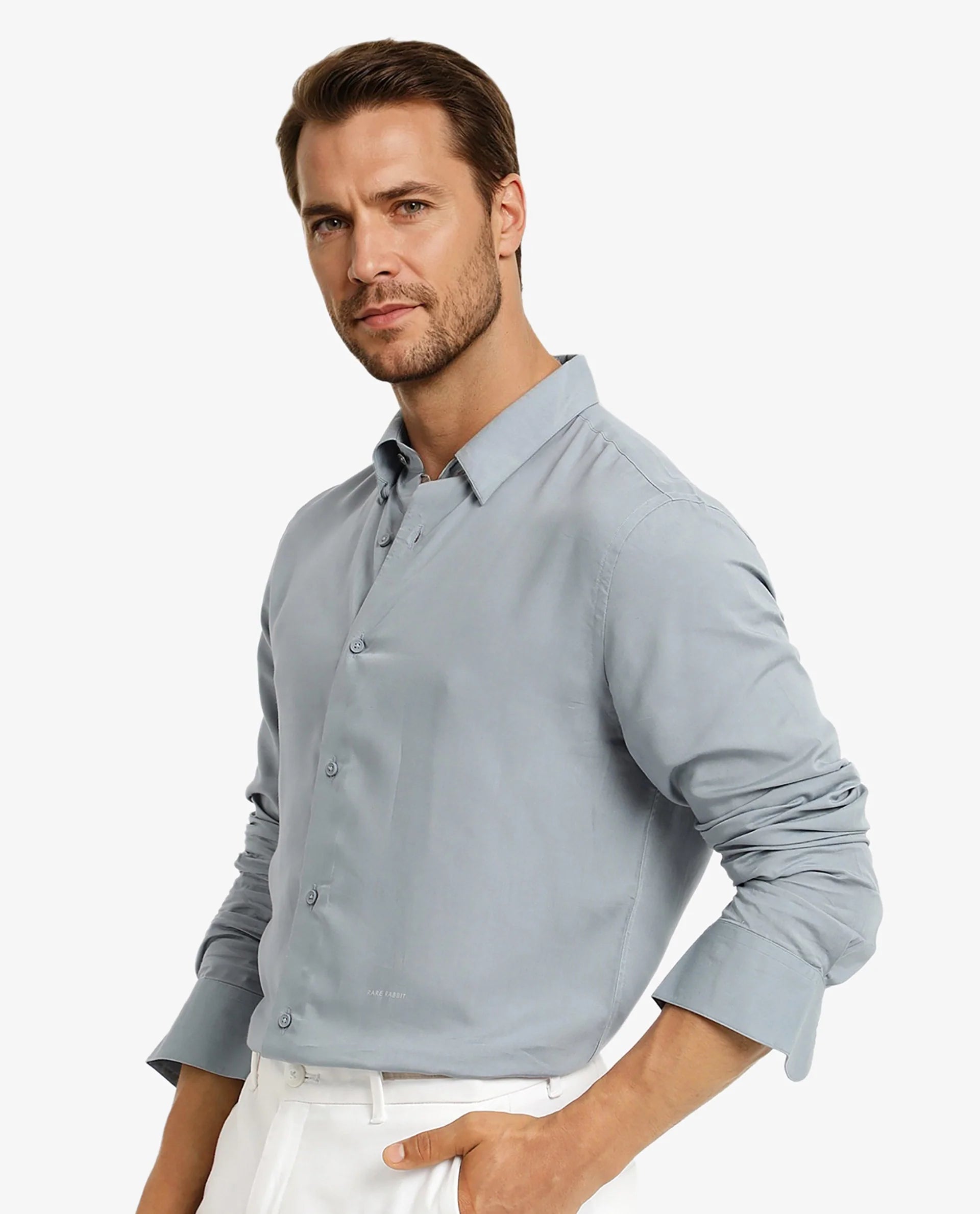 Rare Rabbit Men Dub Dusky Blue Cotton Fabric Full Sleeve Regular Collar Regular Fit Plain Shirt