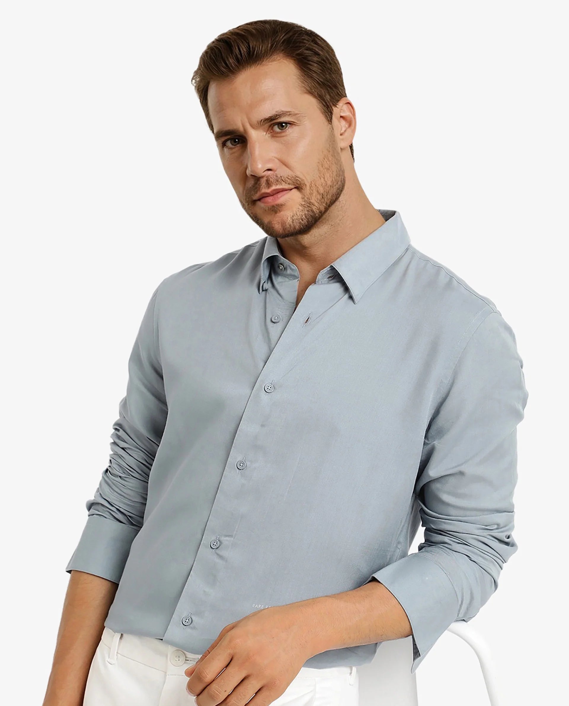Rare Rabbit Men Dub Dusky Blue Cotton Fabric Full Sleeve Regular Collar Regular Fit Plain Shirt