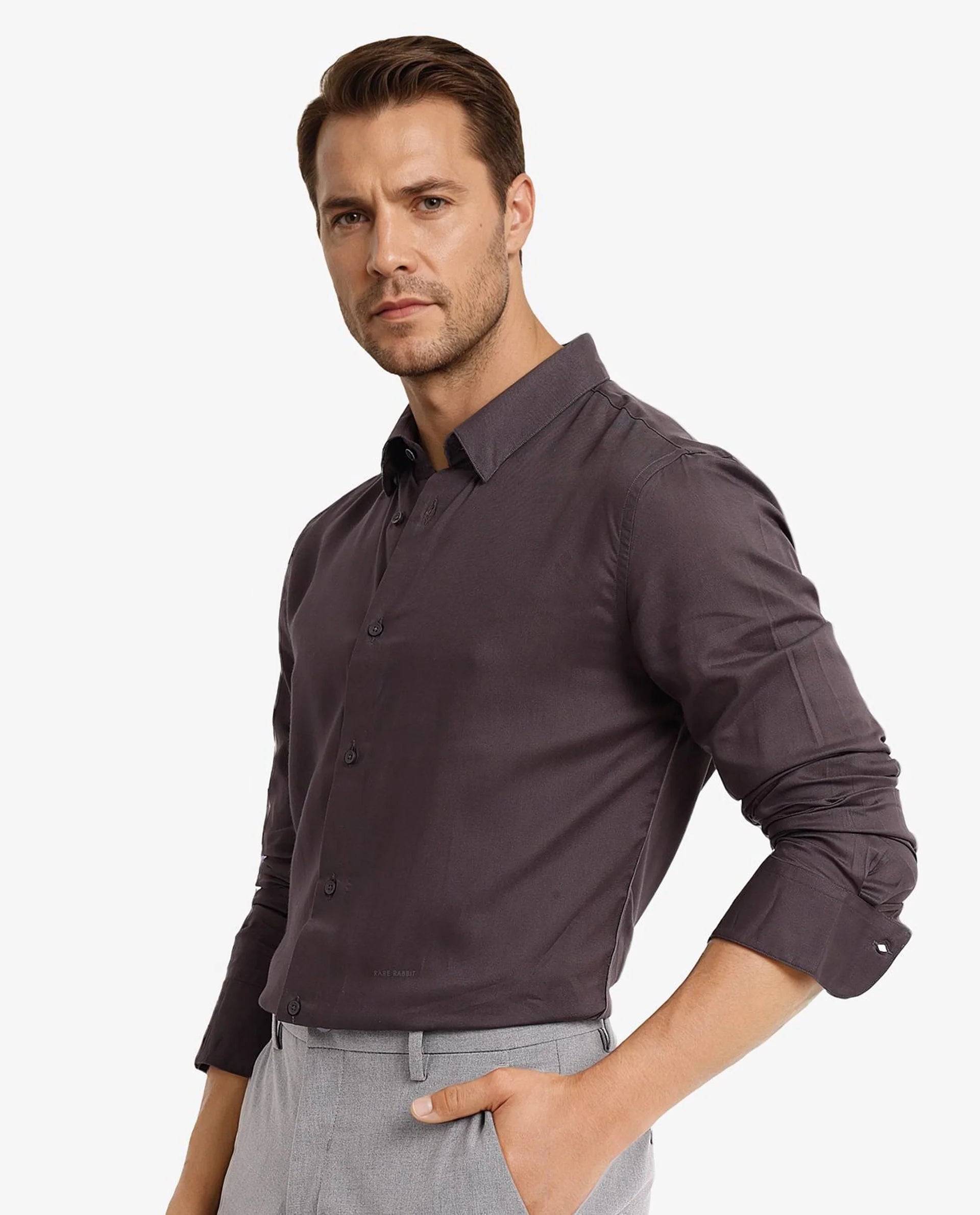 Rare Rabbit Men Dub Grey Cotton Fabric Full Sleeve Regular Collar Regular Fit Plain Shirt