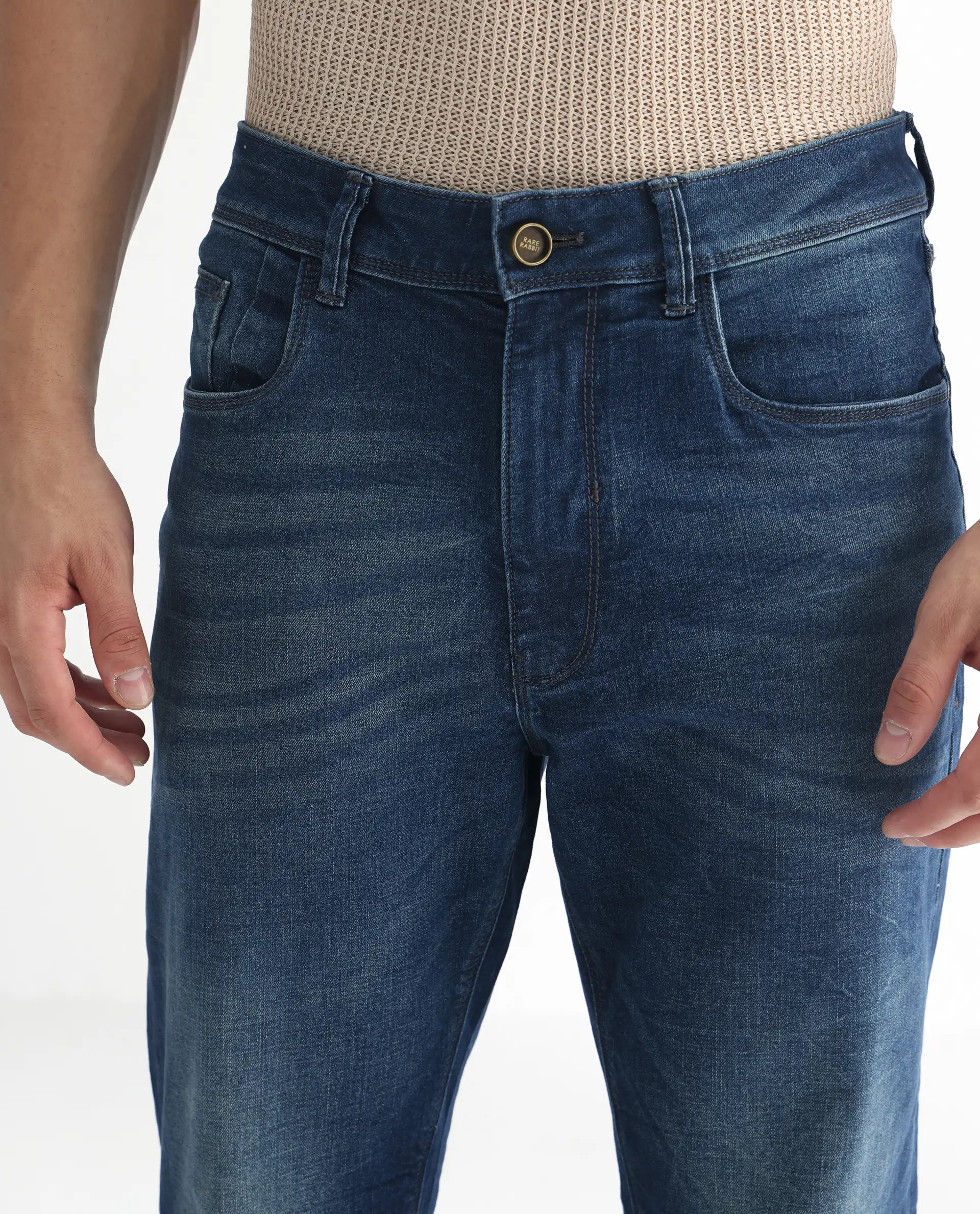 Rare Rabbit Men's Dunker Navy Cotton Plain Hawk Slim Fit Jeans