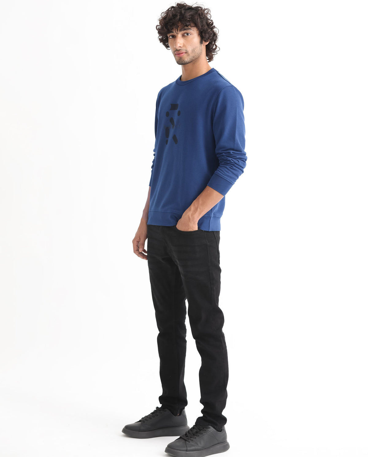 Rare Rabbit Men's Dunsto Blue Cotton Polyester Fabric Full Sleeves Graphic Print Knitted Sweatshirt