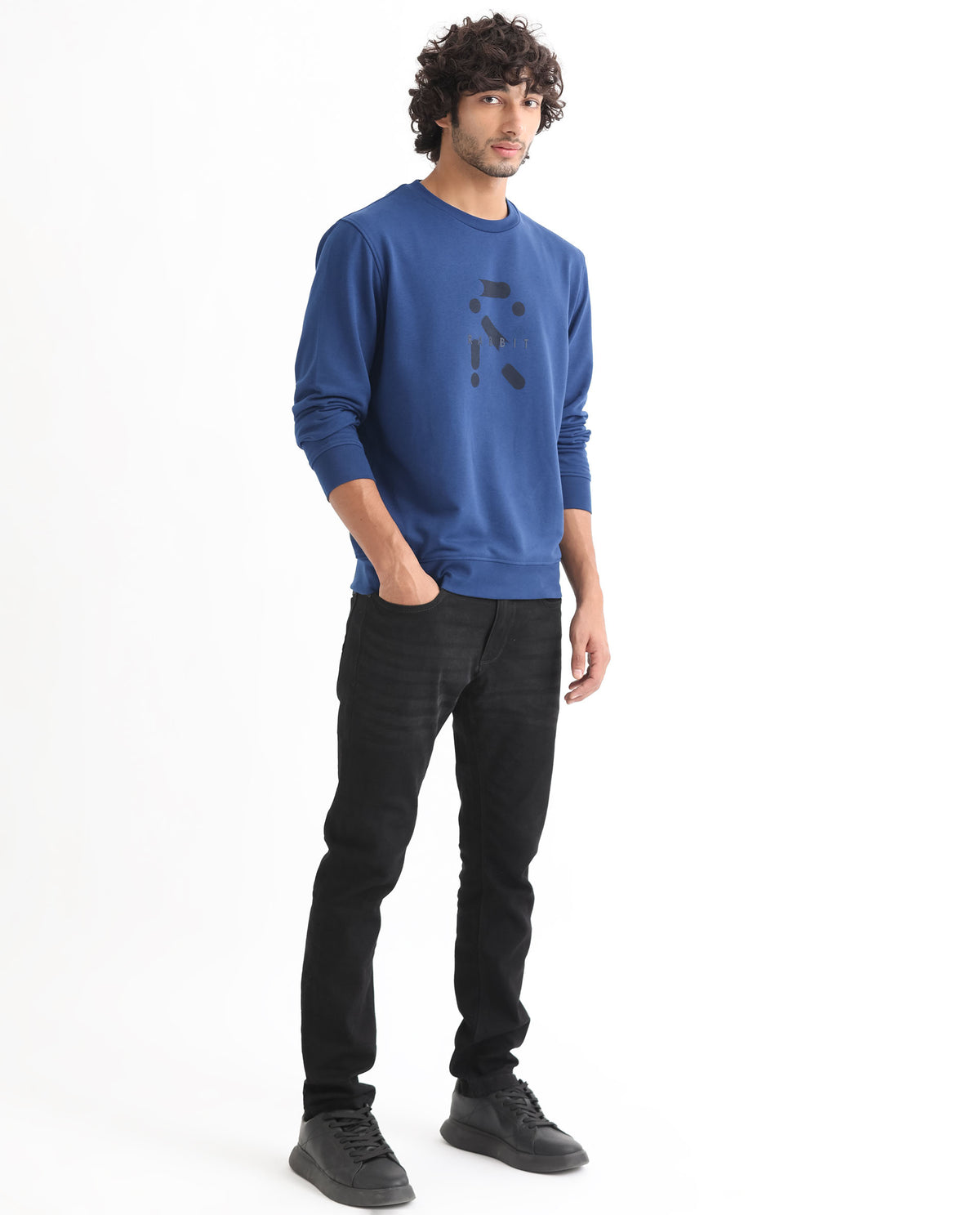 Rare Rabbit Men's Dunsto Blue Cotton Polyester Fabric Full Sleeves Graphic Print Knitted Sweatshirt