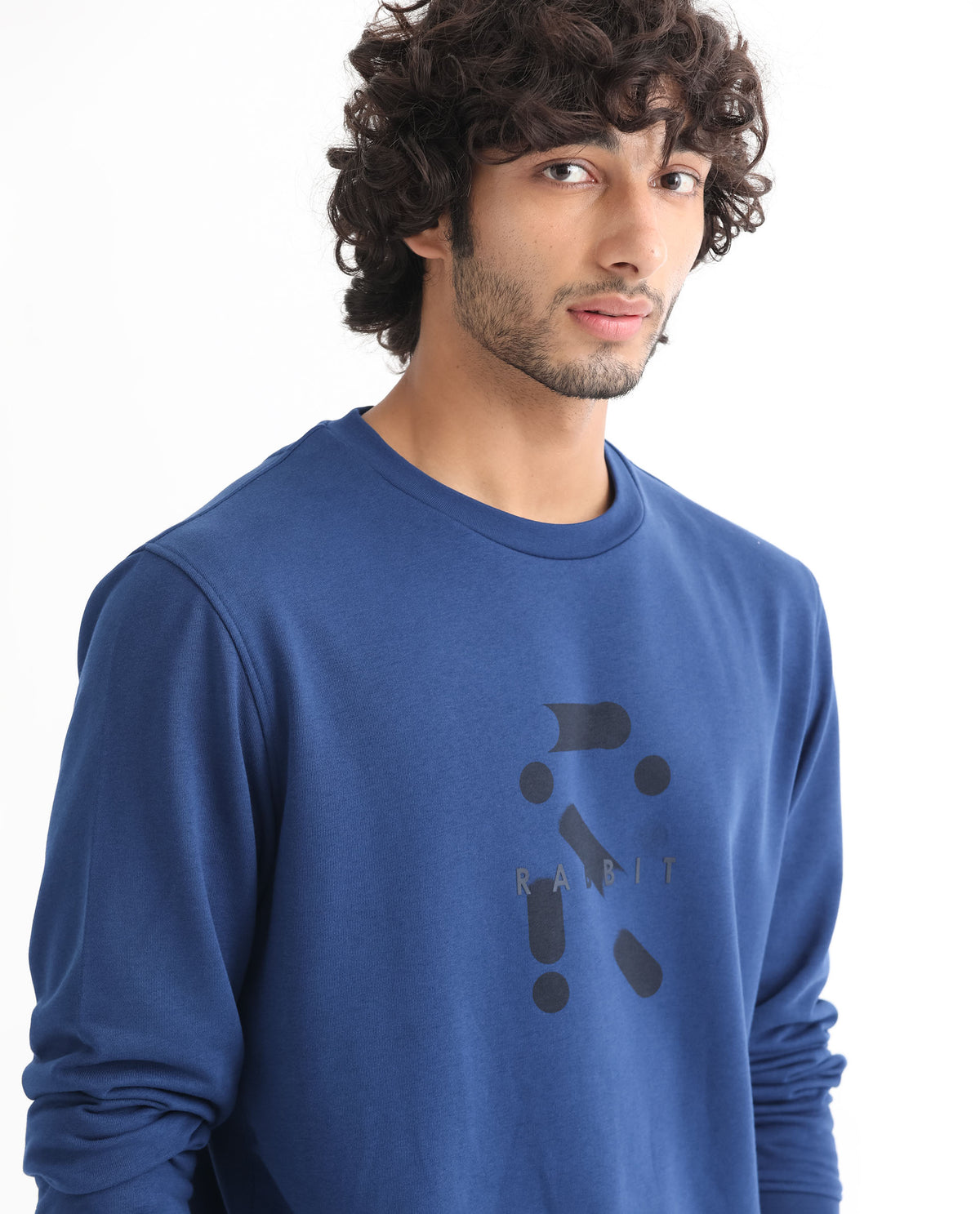 Rare Rabbit Men's Dunsto Blue Cotton Polyester Fabric Full Sleeves Graphic Print Knitted Sweatshirt