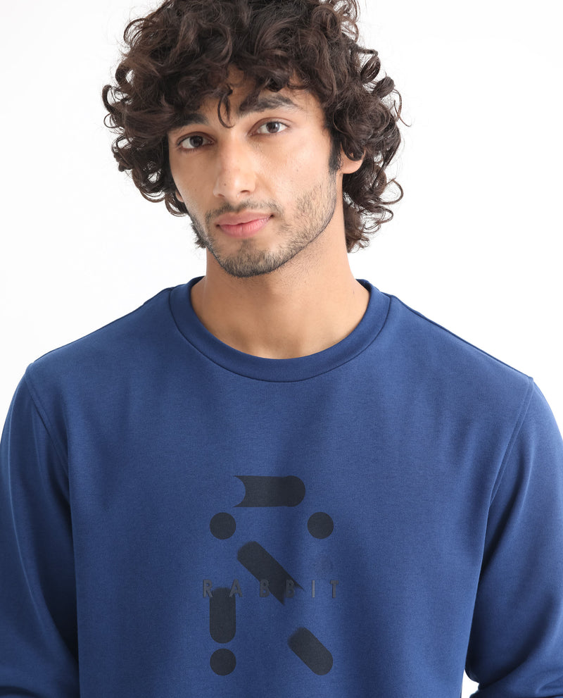 Rare Rabbit Men's Dunsto Blue Cotton Polyester Fabric Full Sleeves Graphic Print Knitted Sweatshirt