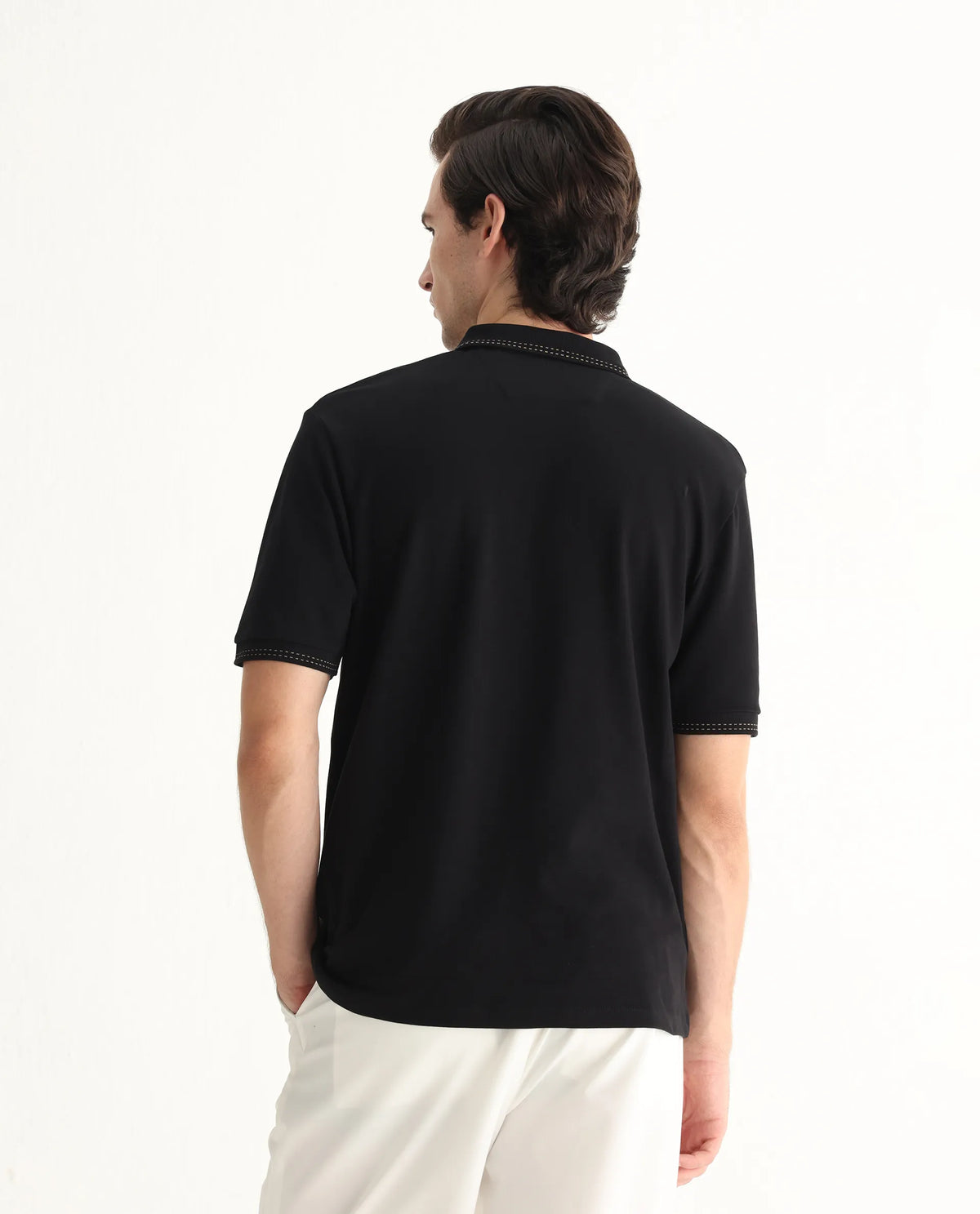 Rare Rabbit Men's Dylan Black Cotton Blend Plain Regular Fit Half Sleeve Polo