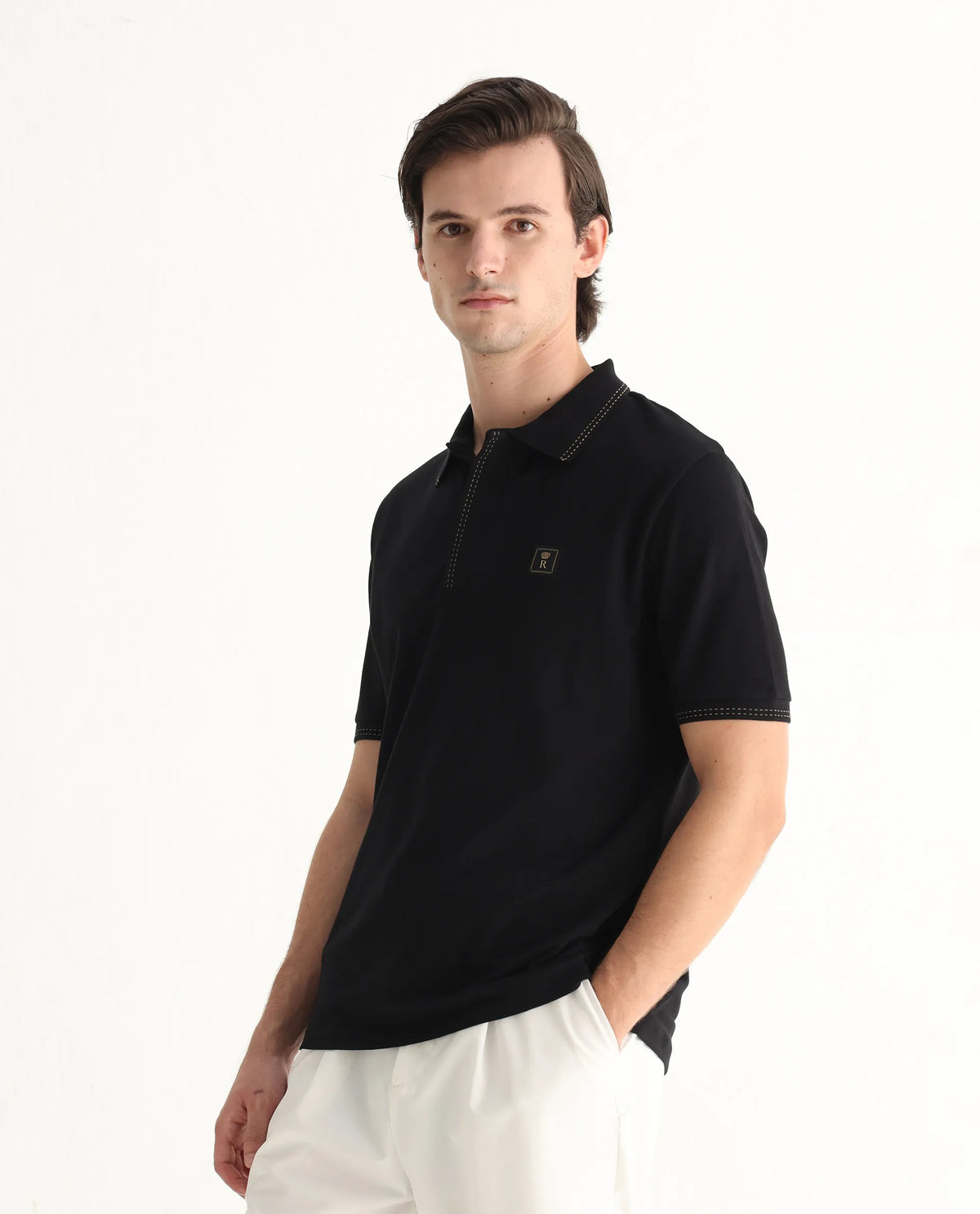 Rare Rabbit Men's Dylan Black Cotton Blend Plain Regular Fit Half Sleeve Polo