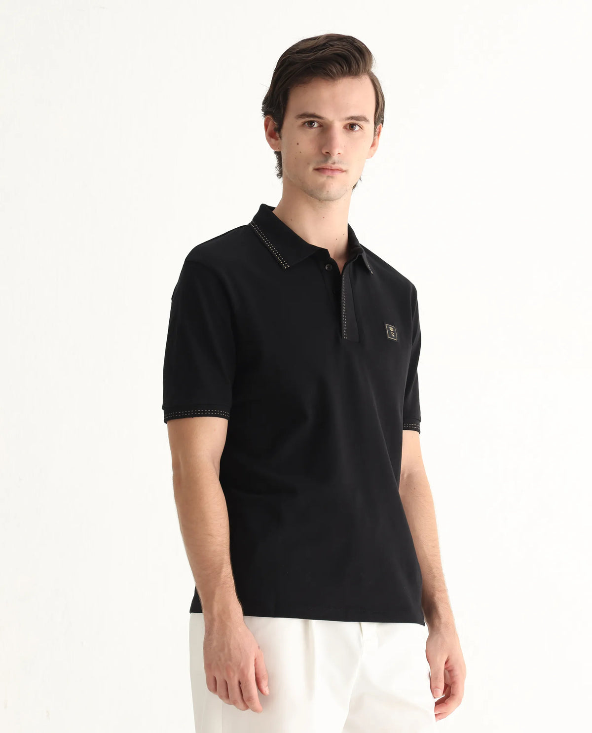 Rare Rabbit Men's Dylan Black Cotton Blend Plain Regular Fit Half Sleeve Polo