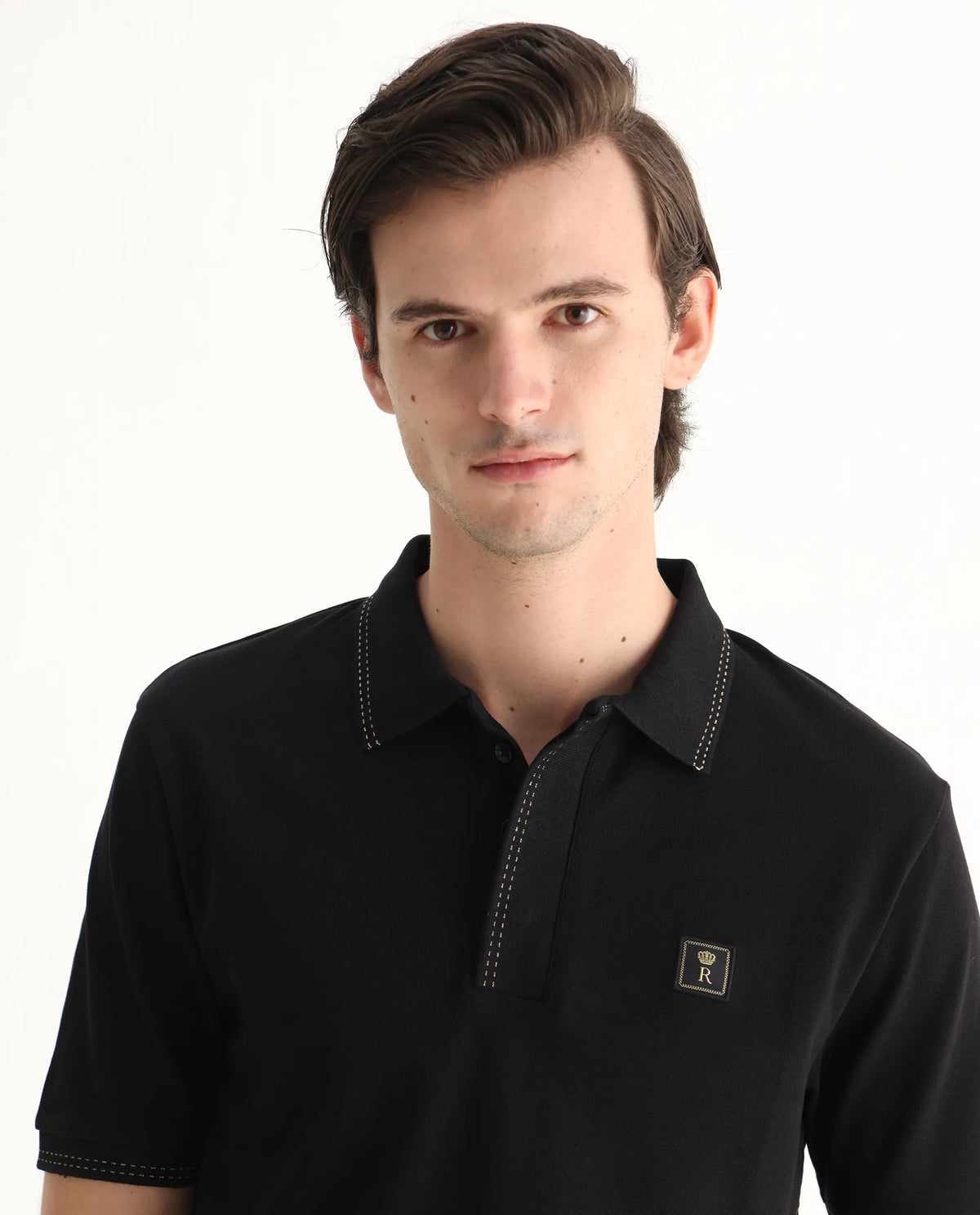 Rare Rabbit Men's Dylan Black Cotton Blend Plain Regular Fit Half Sleeve Polo