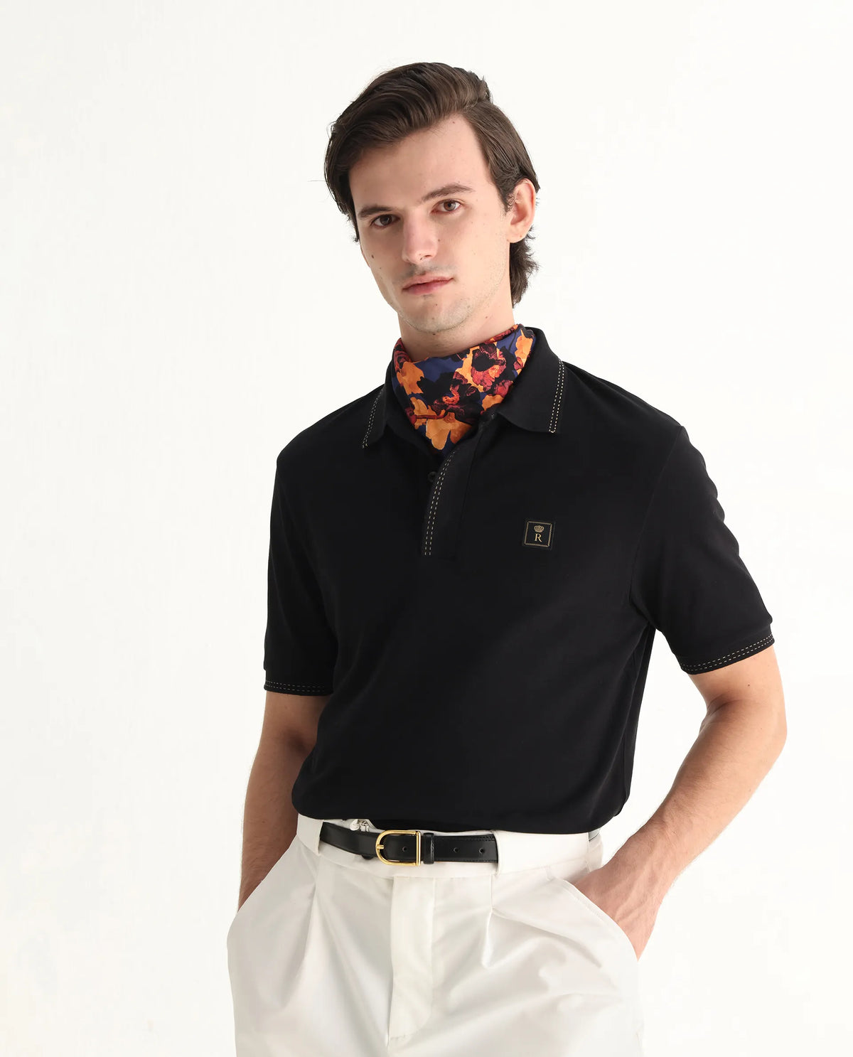 Rare Rabbit Men's Dylan Black Cotton Blend Plain Regular Fit Half Sleeve Polo