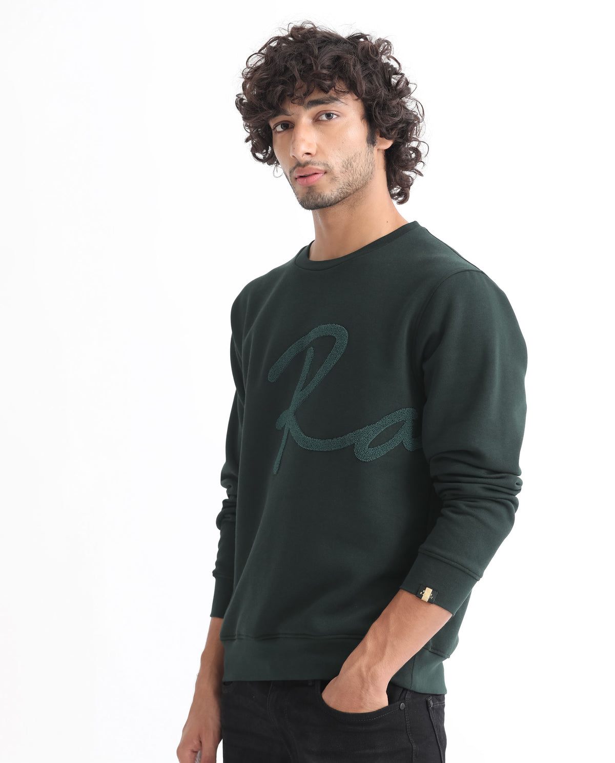 Rare Rabbit Men's East Dark Green Cotton Polyester Fabric Full Sleeves Towel Embroidery Branding Sweatshirt