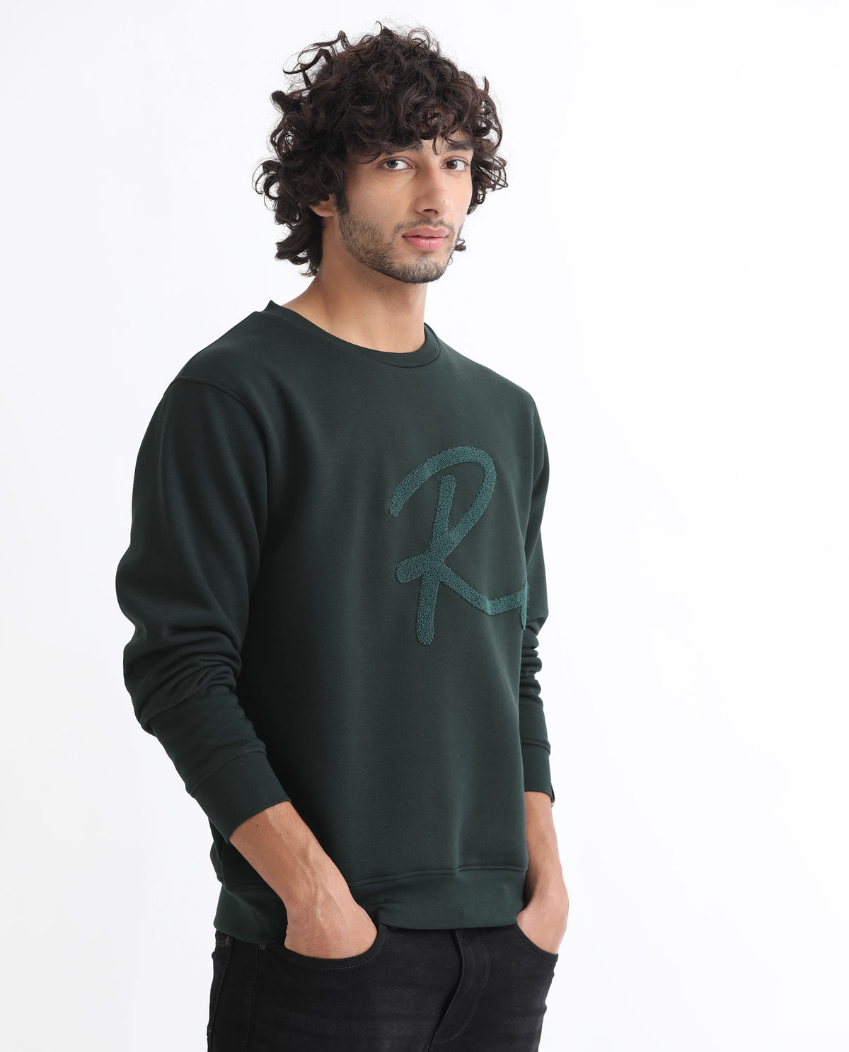 Rare Rabbit Men's East Dark Green Cotton Polyester Fabric Full Sleeves Towel Embroidery Branding Sweatshirt