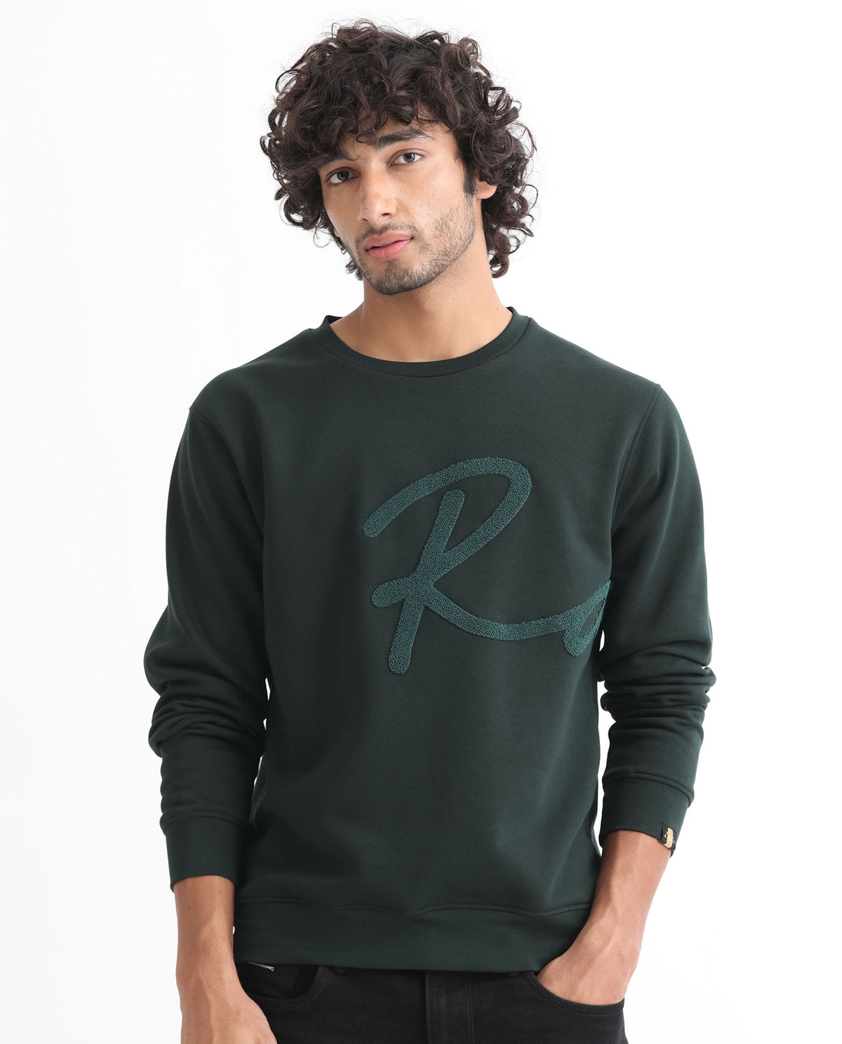 Rare Rabbit Men's East Dark Green Cotton Polyester Fabric Full Sleeves Towel Embroidery Branding Sweatshirt