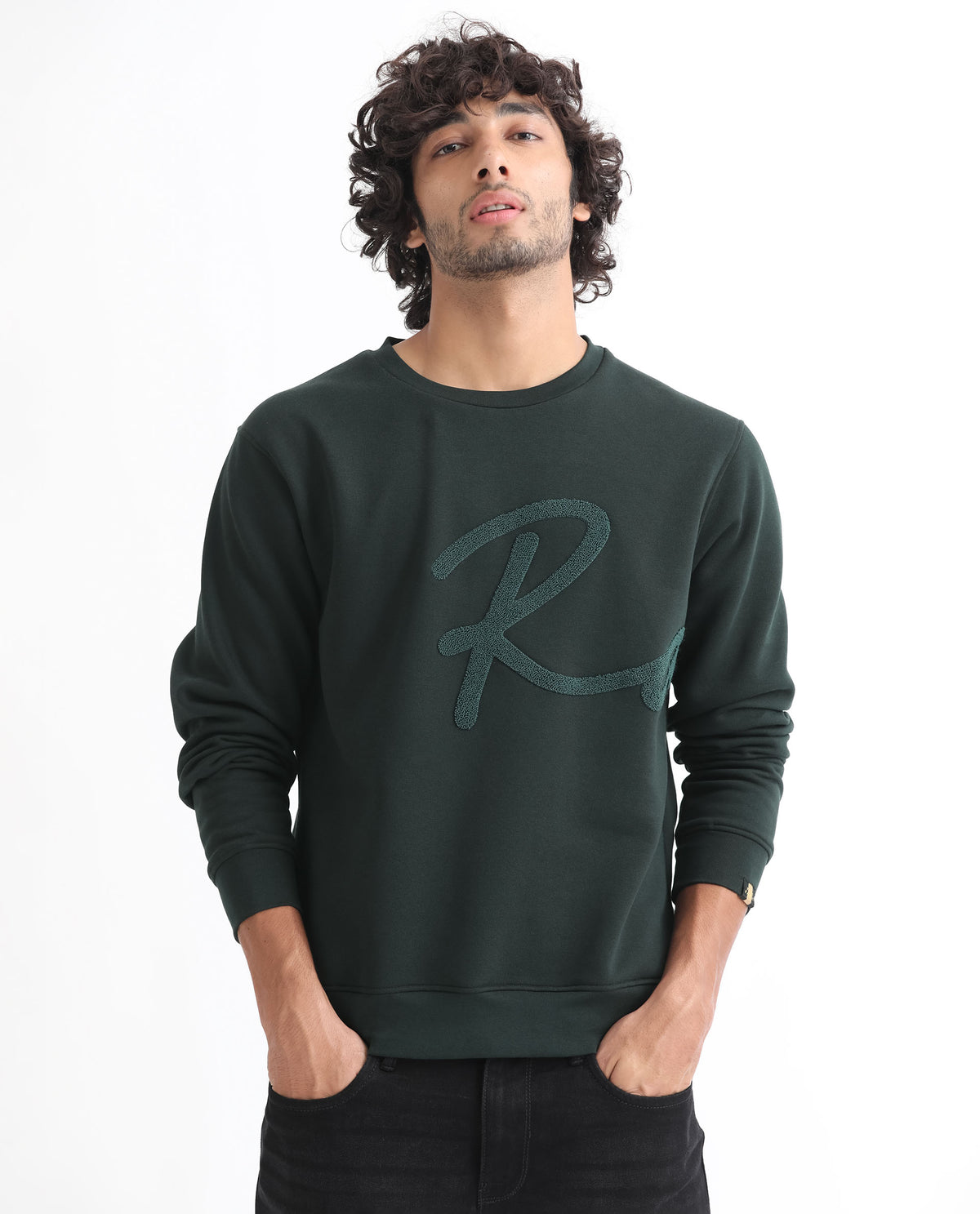 Rare Rabbit Men's East Dark Green Cotton Polyester Fabric Full Sleeves Towel Embroidery Branding Sweatshirt