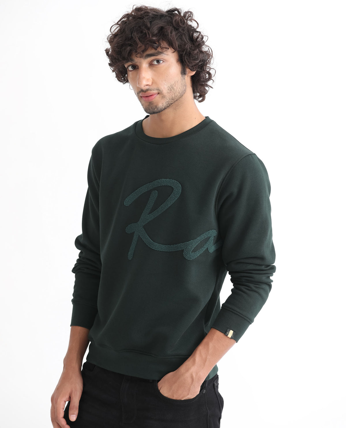 Rare Rabbit Men's East Dark Green Cotton Polyester Fabric Full Sleeves Towel Embroidery Branding Sweatshirt