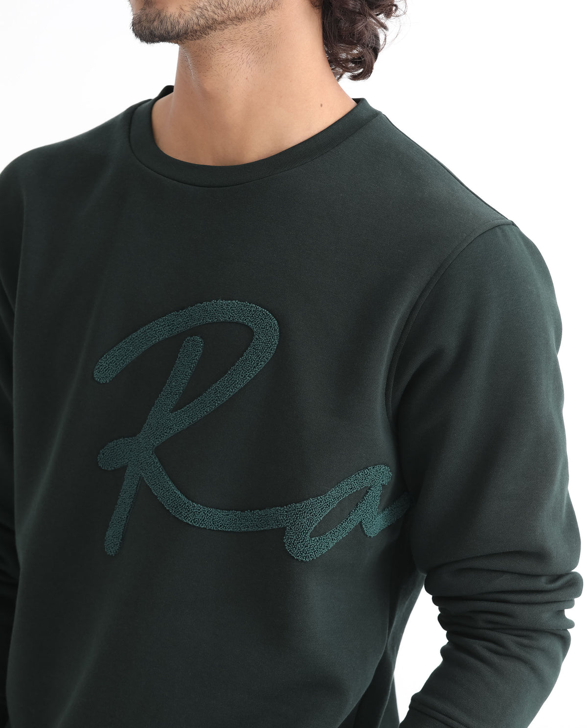 Rare Rabbit Men's East Dark Green Cotton Polyester Fabric Full Sleeves Towel Embroidery Branding Sweatshirt