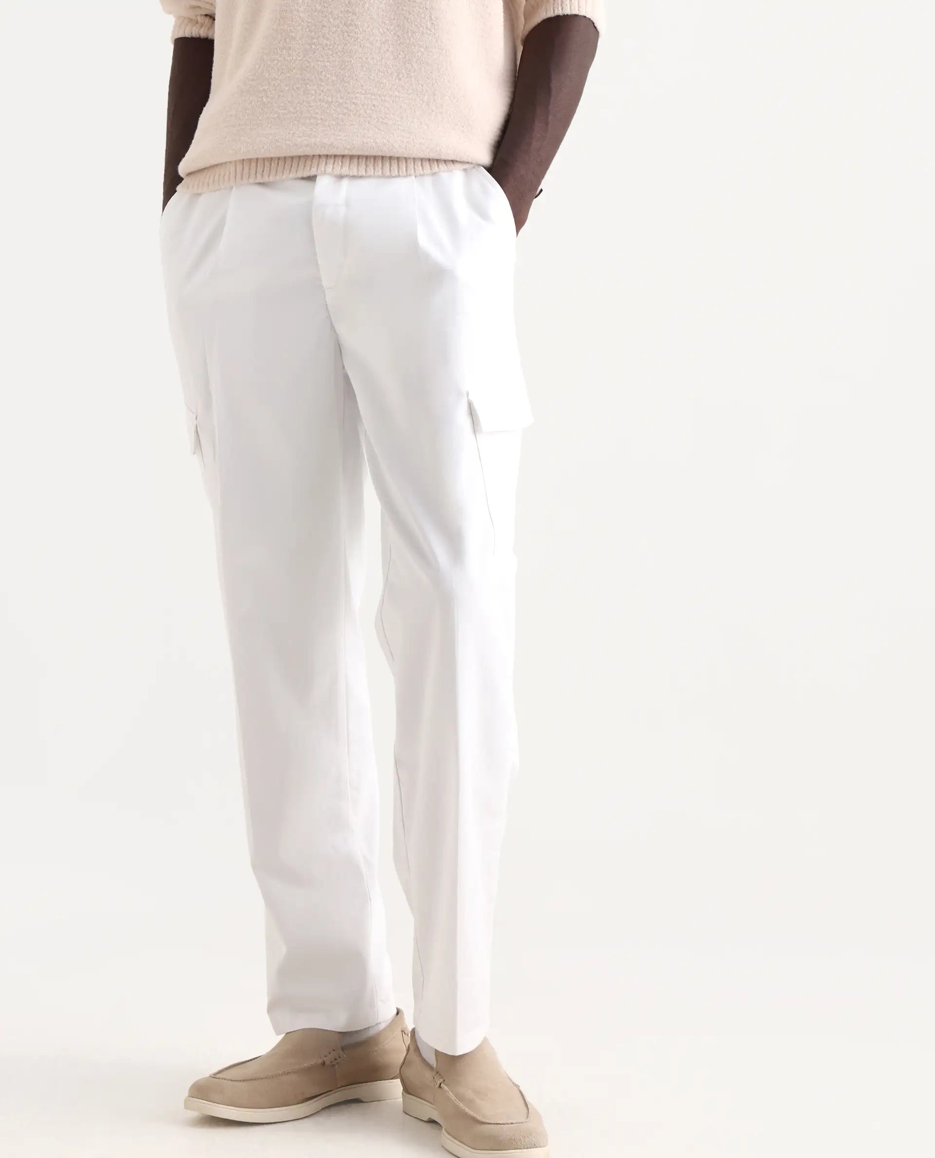 Rare Rabbit Men's Eber White Cotton Plain Regular Fit Trouser