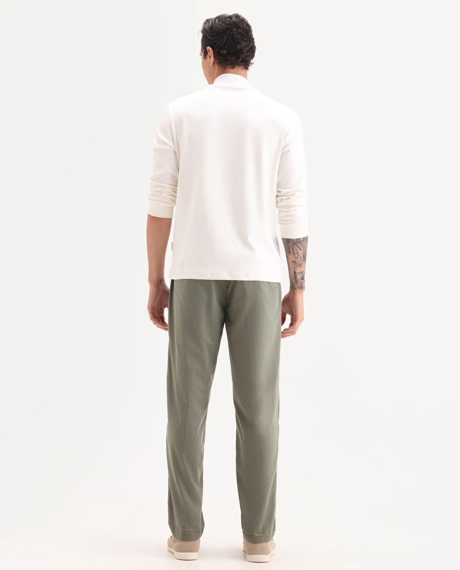 Rare Rabbit Men's Echo Light Olive Cotton Plain Regular Fit Trouser