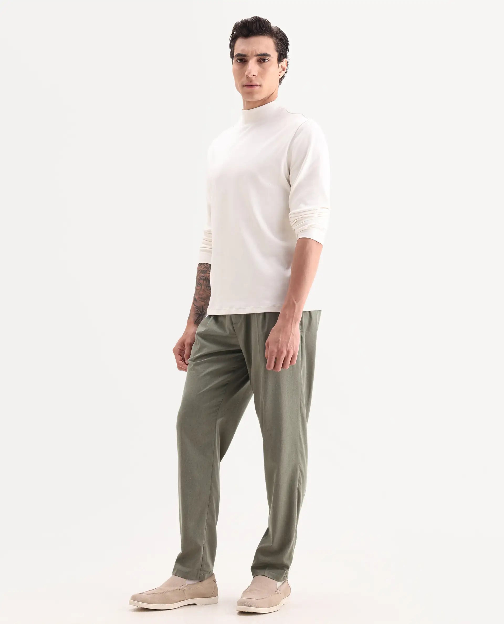 Rare Rabbit Men's Echo Light Olive Cotton Plain Regular Fit Trouser