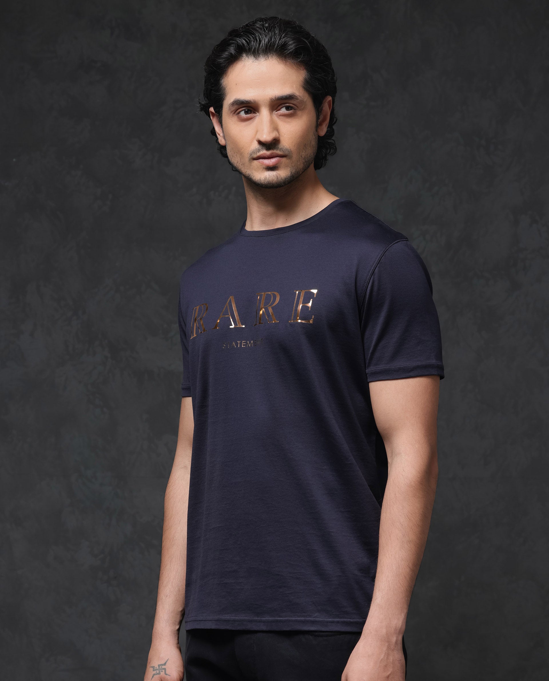 Rare Rabbit Mens Echon Navy  Mercerised Cotton Short Sleeve Graphic Print T-Shirt