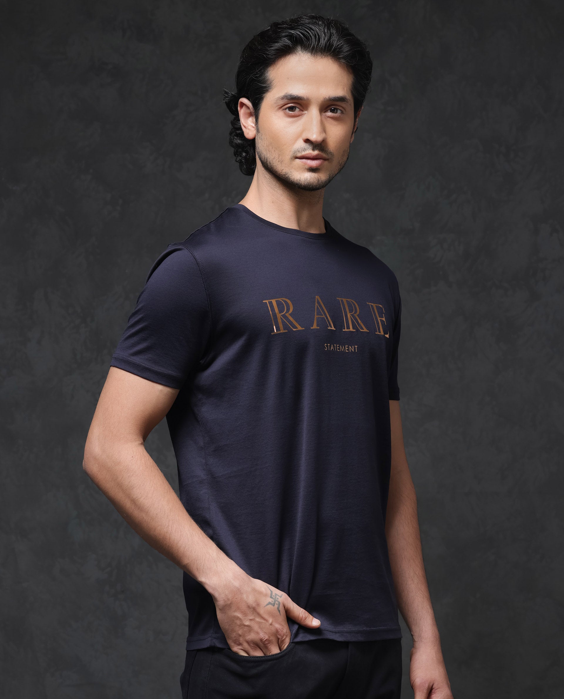 Rare Rabbit Mens Echon Navy  Mercerised Cotton Short Sleeve Graphic Print T-Shirt