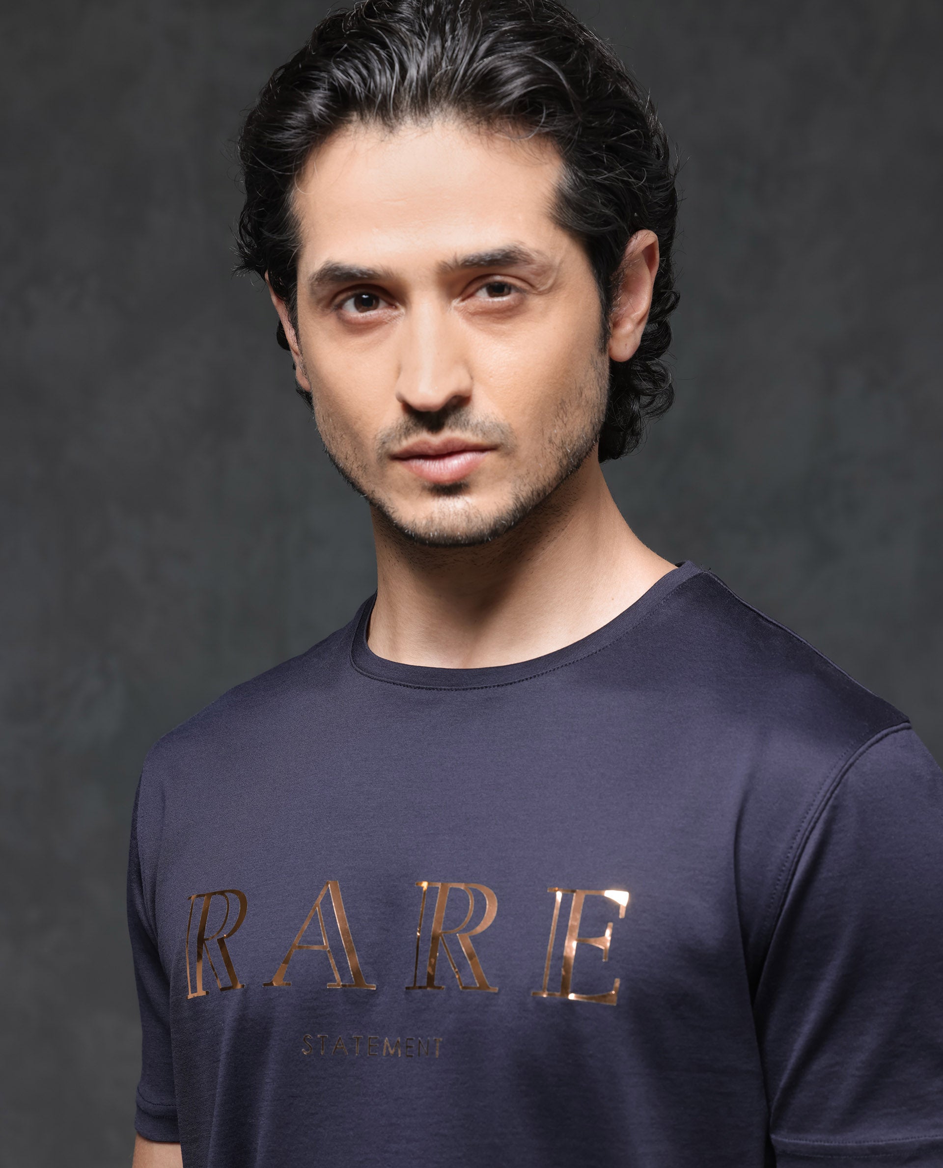 Rare Rabbit Mens Echon Navy  Mercerised Cotton Short Sleeve Graphic Print T-Shirt