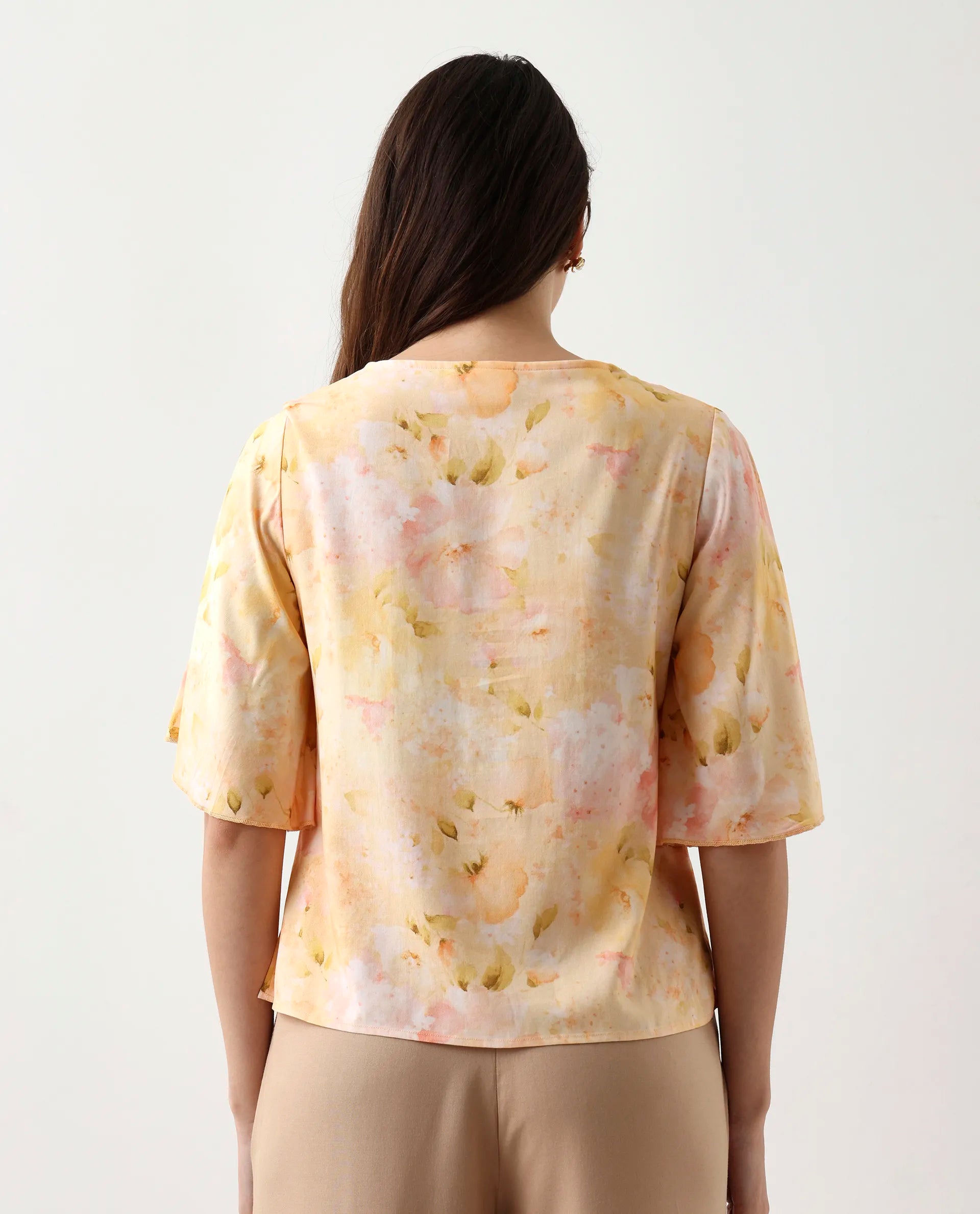 Rareism Women's Elara Yellow Viscose V-Neck Regular Fit Top