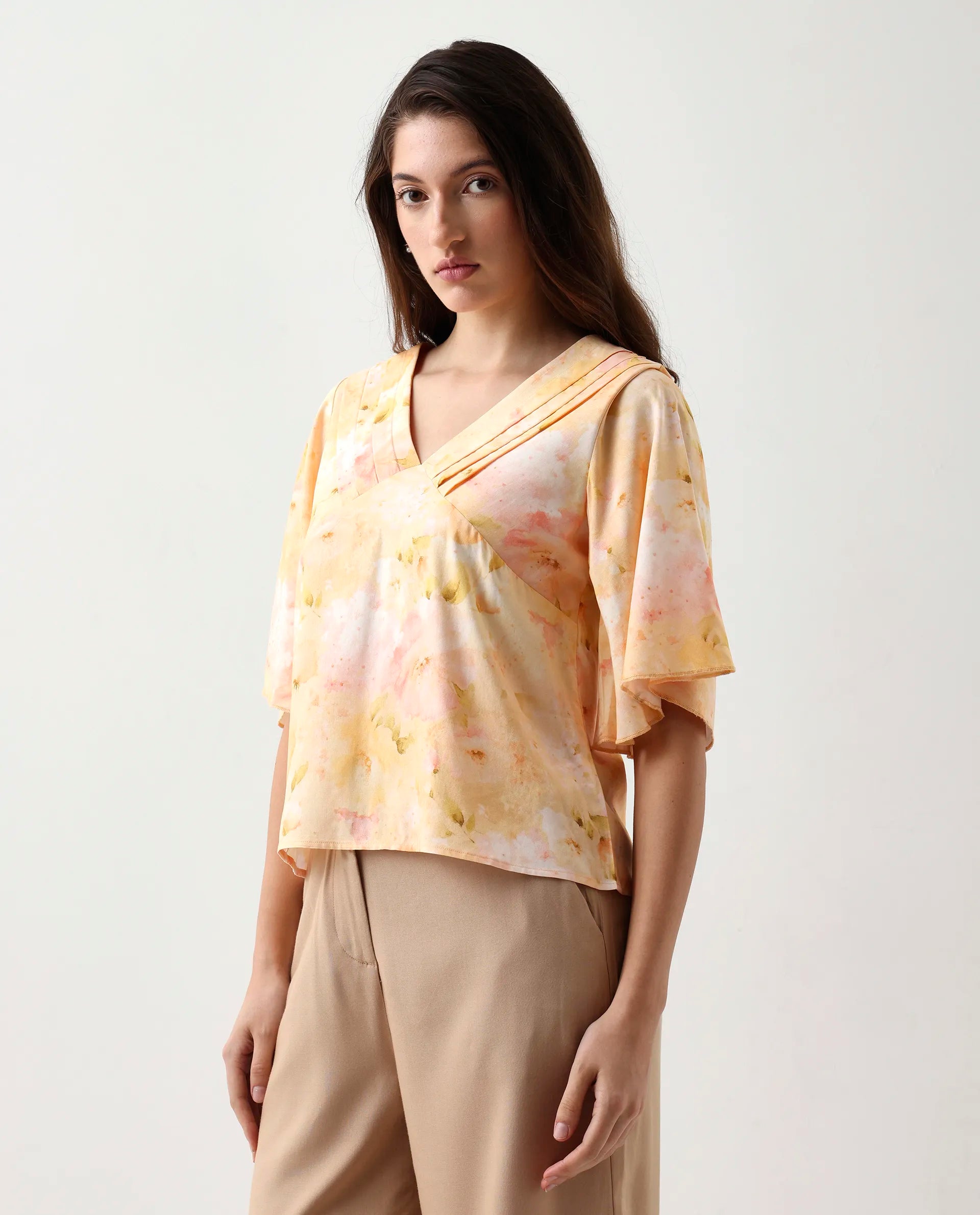 Rareism Women's Elara Yellow Viscose V-Neck Regular Fit Top