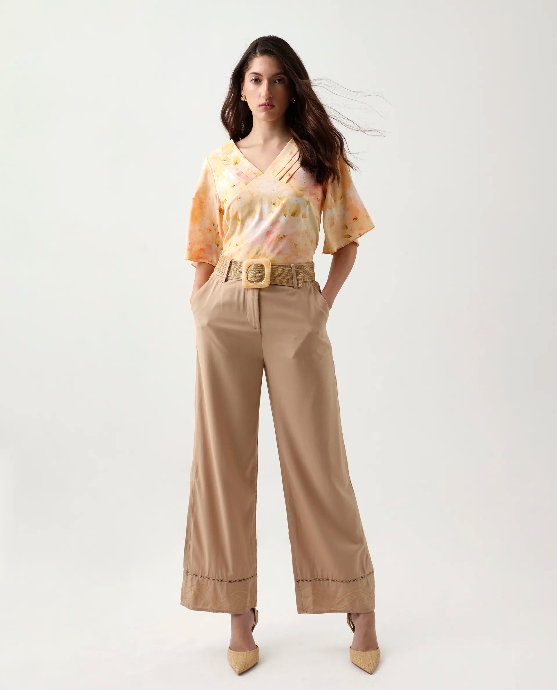 Rareism Women's Elara Yellow Viscose V-Neck Regular Fit Top