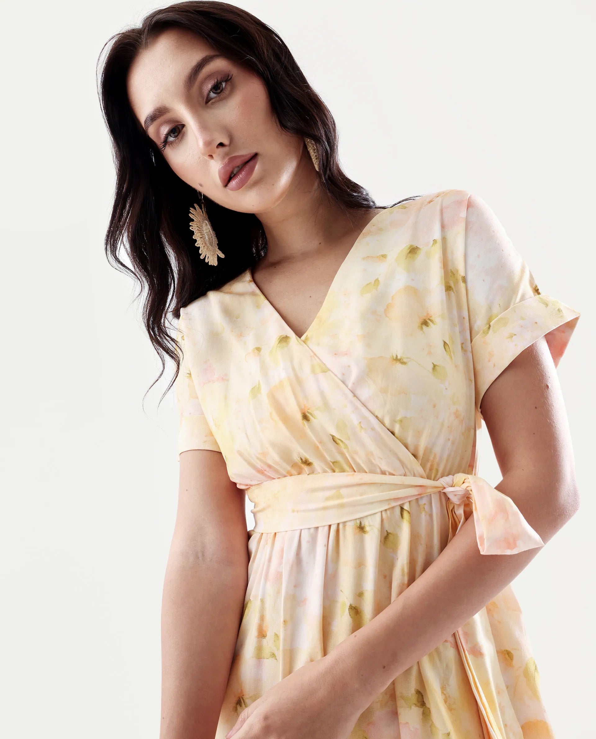 Rareism Women's Elavi Yellow Viscose Overlap Neck Flared Printed Midi Dress