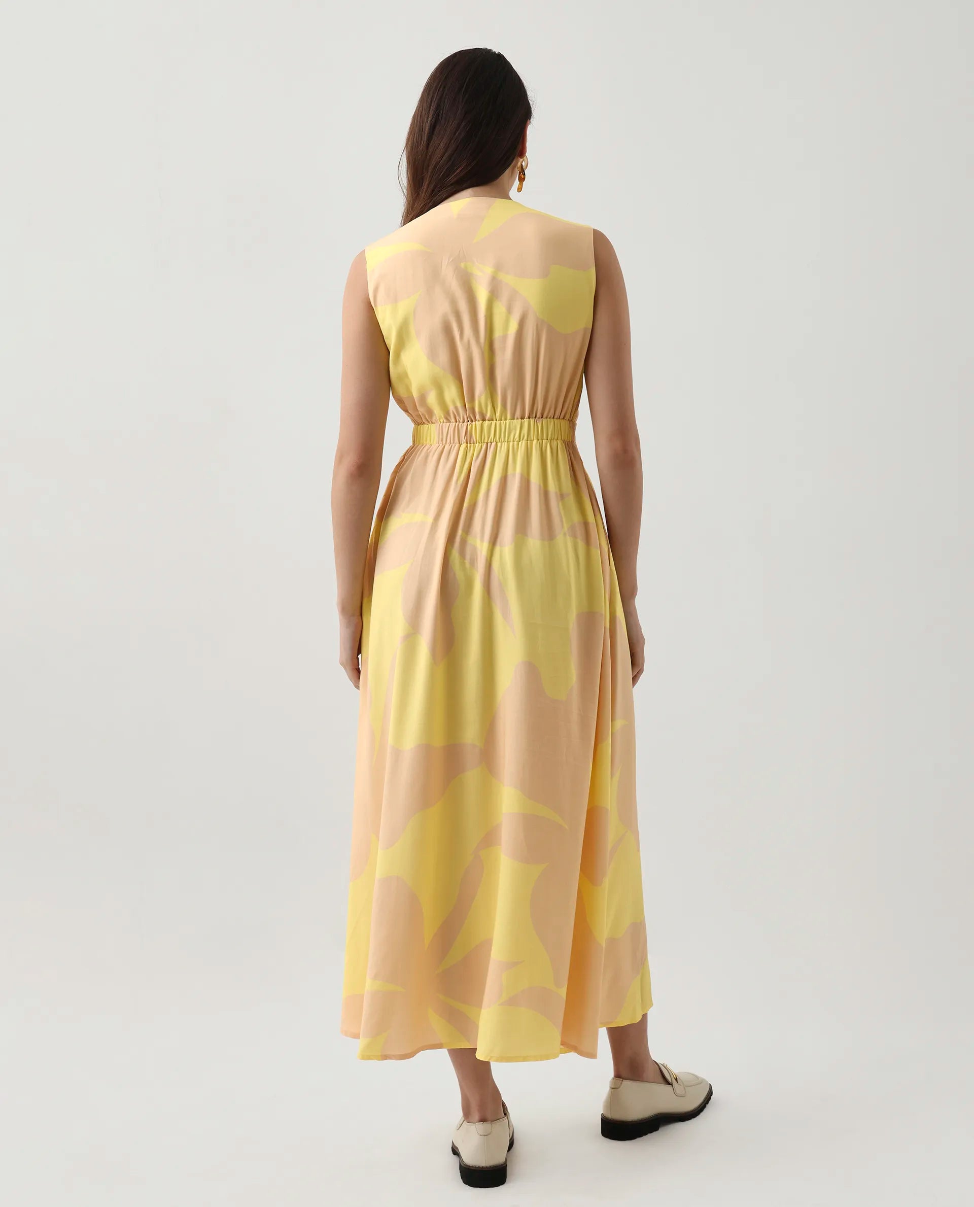 Rareism Women's Elbee Brown Viscose Wrap Neck A-Line Printed Midi Dress