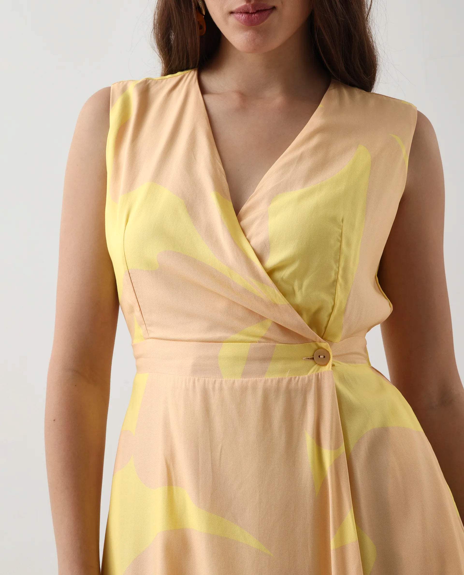 Rareism Women's Elbee Brown Viscose Wrap Neck A-Line Printed Midi Dress