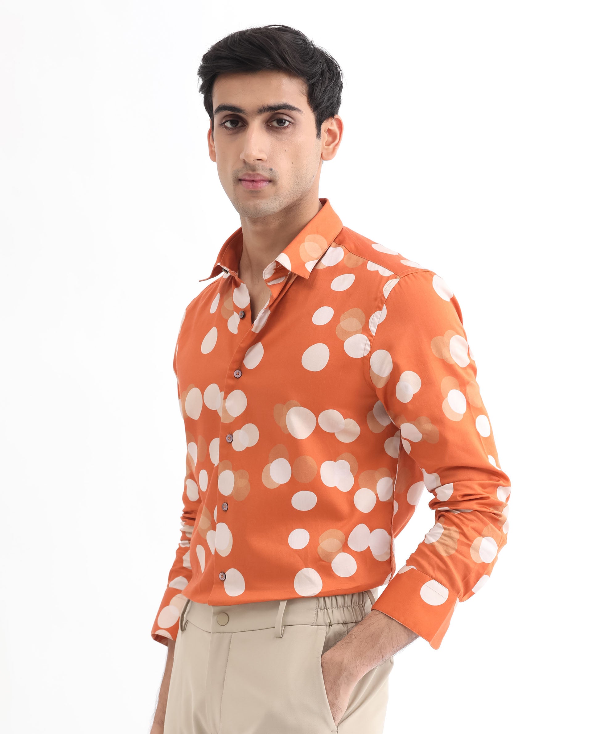 Rare Rabbit Men's Eldes Rust Cotton Modal Fabric Full Sleeves Polka Printed Shirt