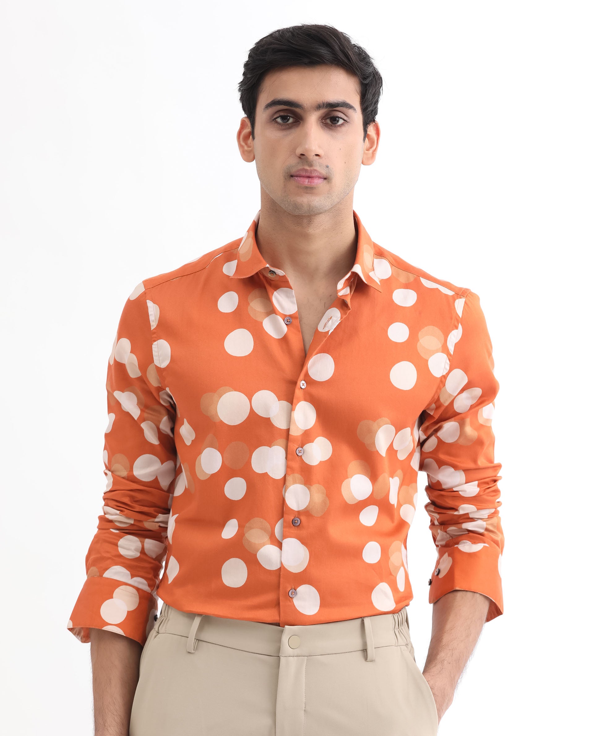 Rare Rabbit Men's Eldes Rust Cotton Modal Fabric Full Sleeves Polka Printed Shirt